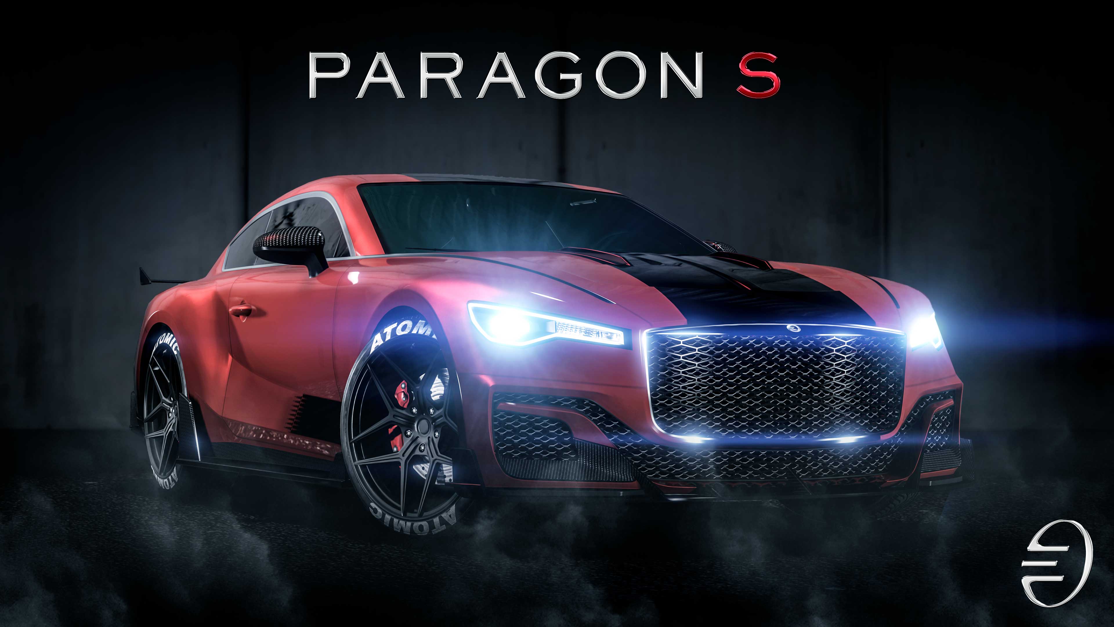A three-door Enus Paragon S with red paint and a black racing stripe.