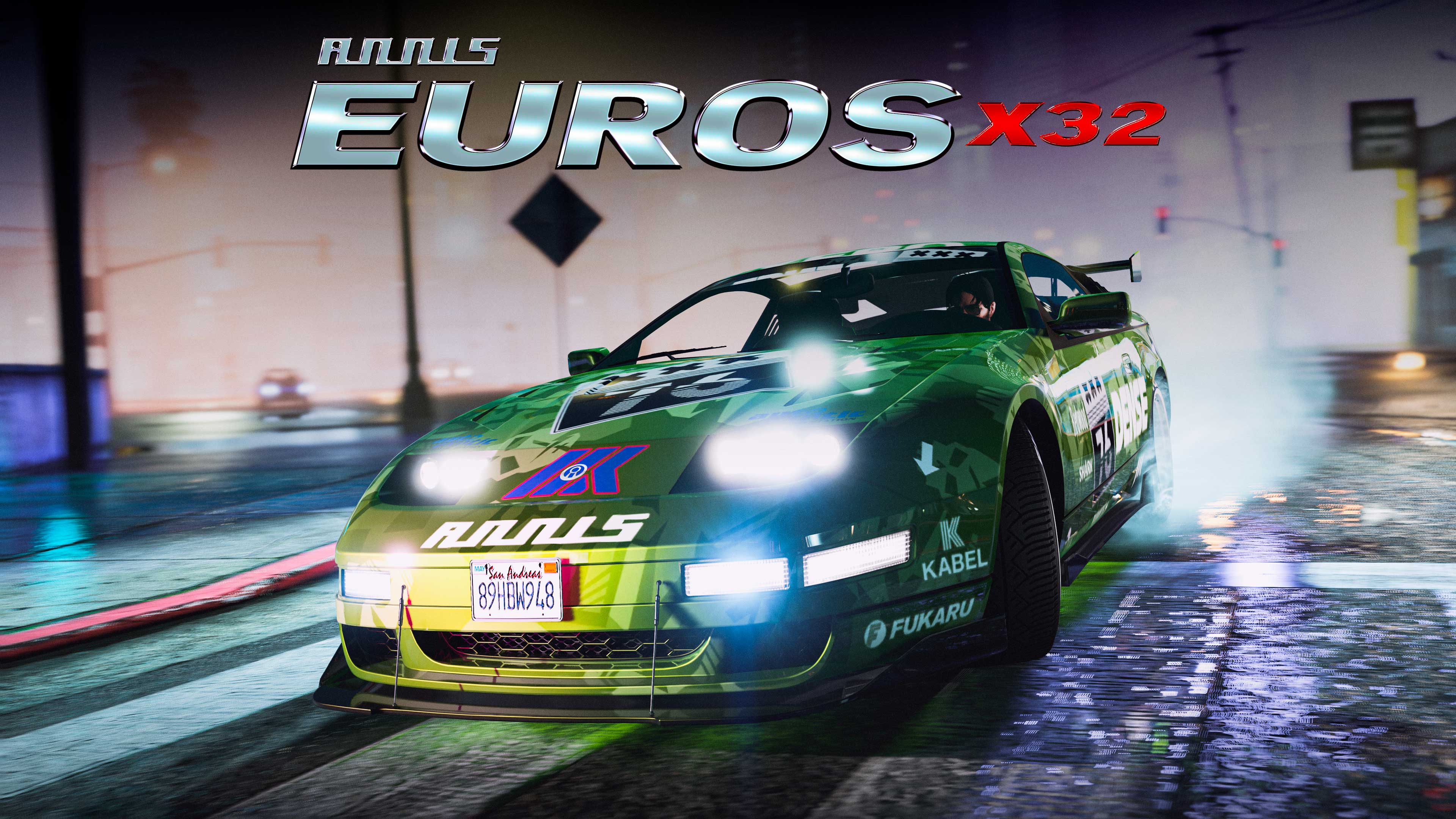 A three-door Annis Euros X32 with green paint and racing brand liveries.