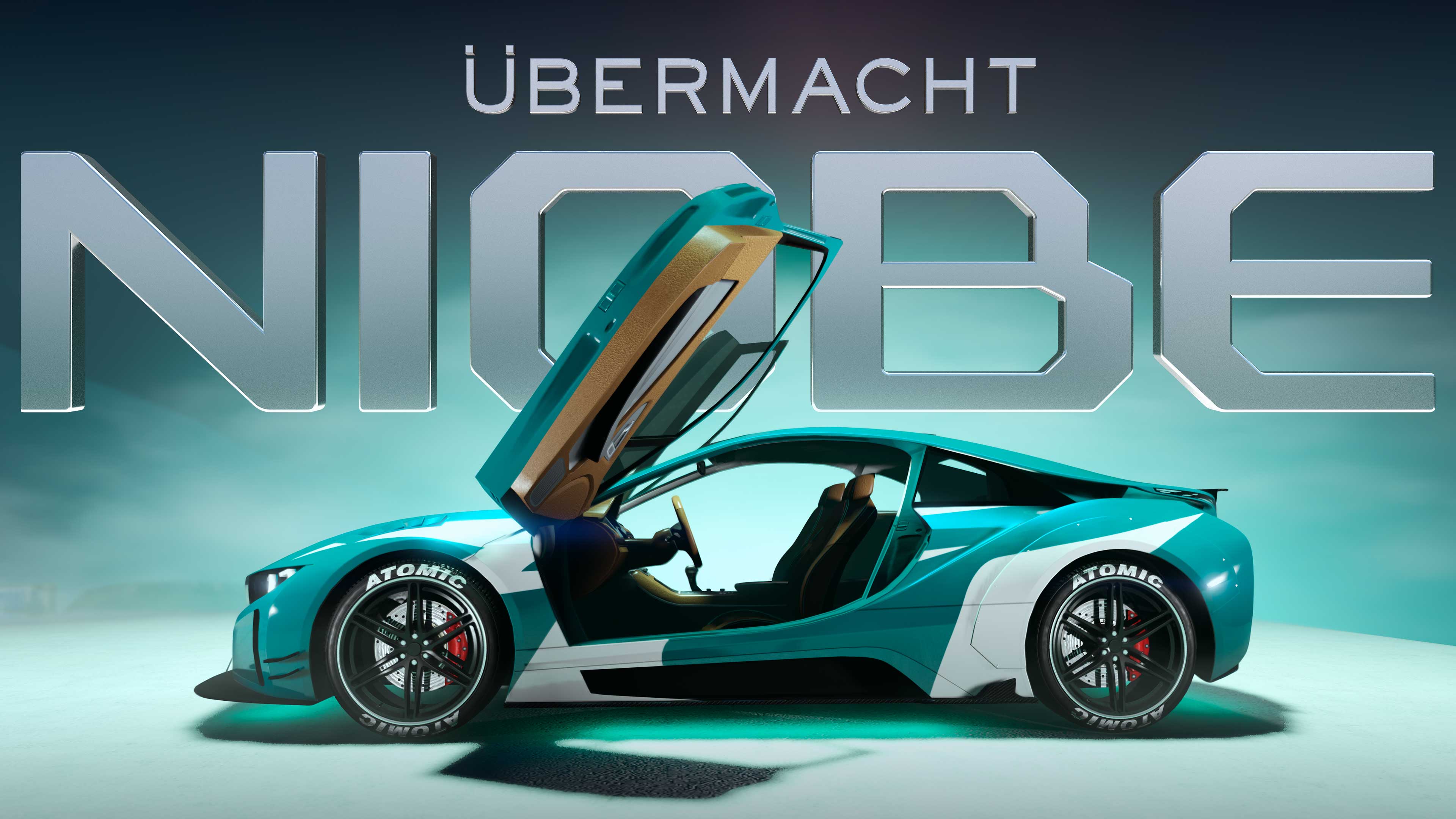 A three-door teal Übermacht Niobe with a white livery and scissor doors opened upwards.