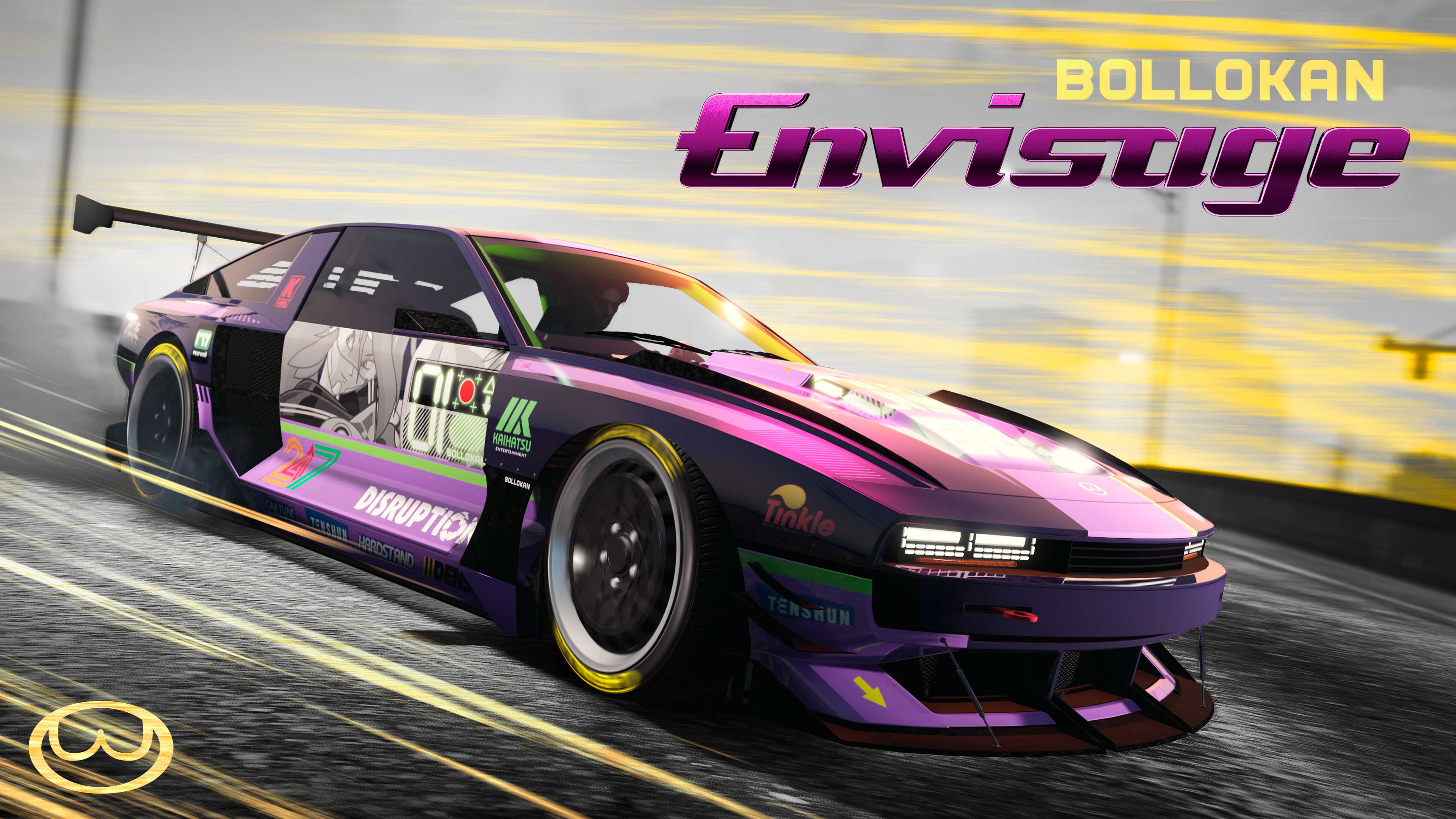 A three-door Bollokan Envisage with purple pearlescent paint and various racing brand liveries.