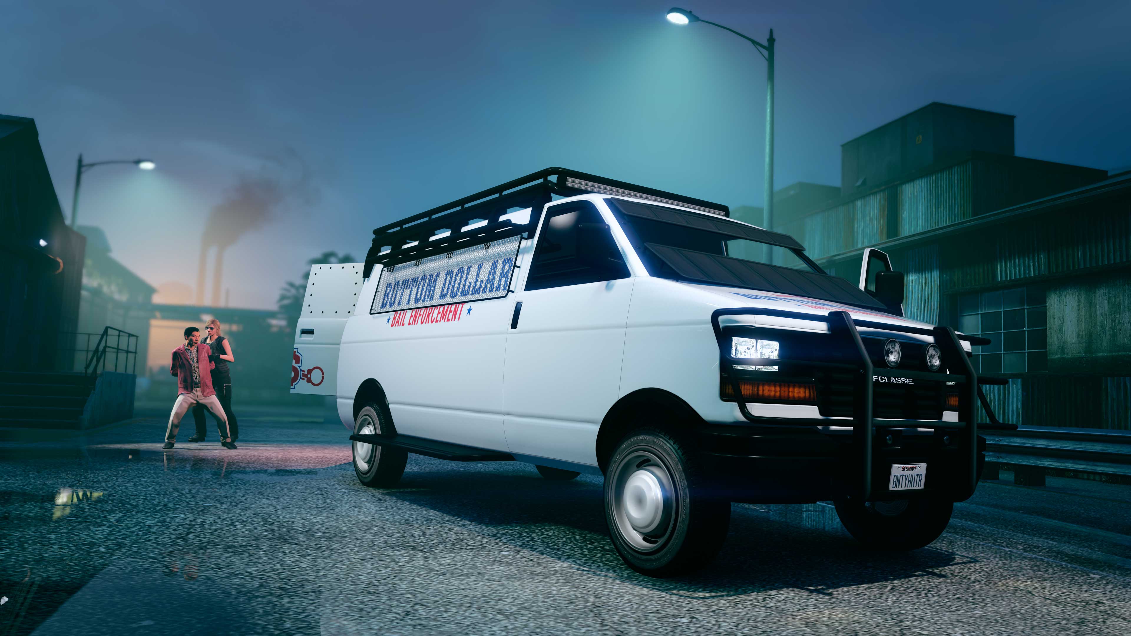 A bail enforcement agent guides a handcuffed character to the back of a Bottom Dollar Bail Enforcement van.