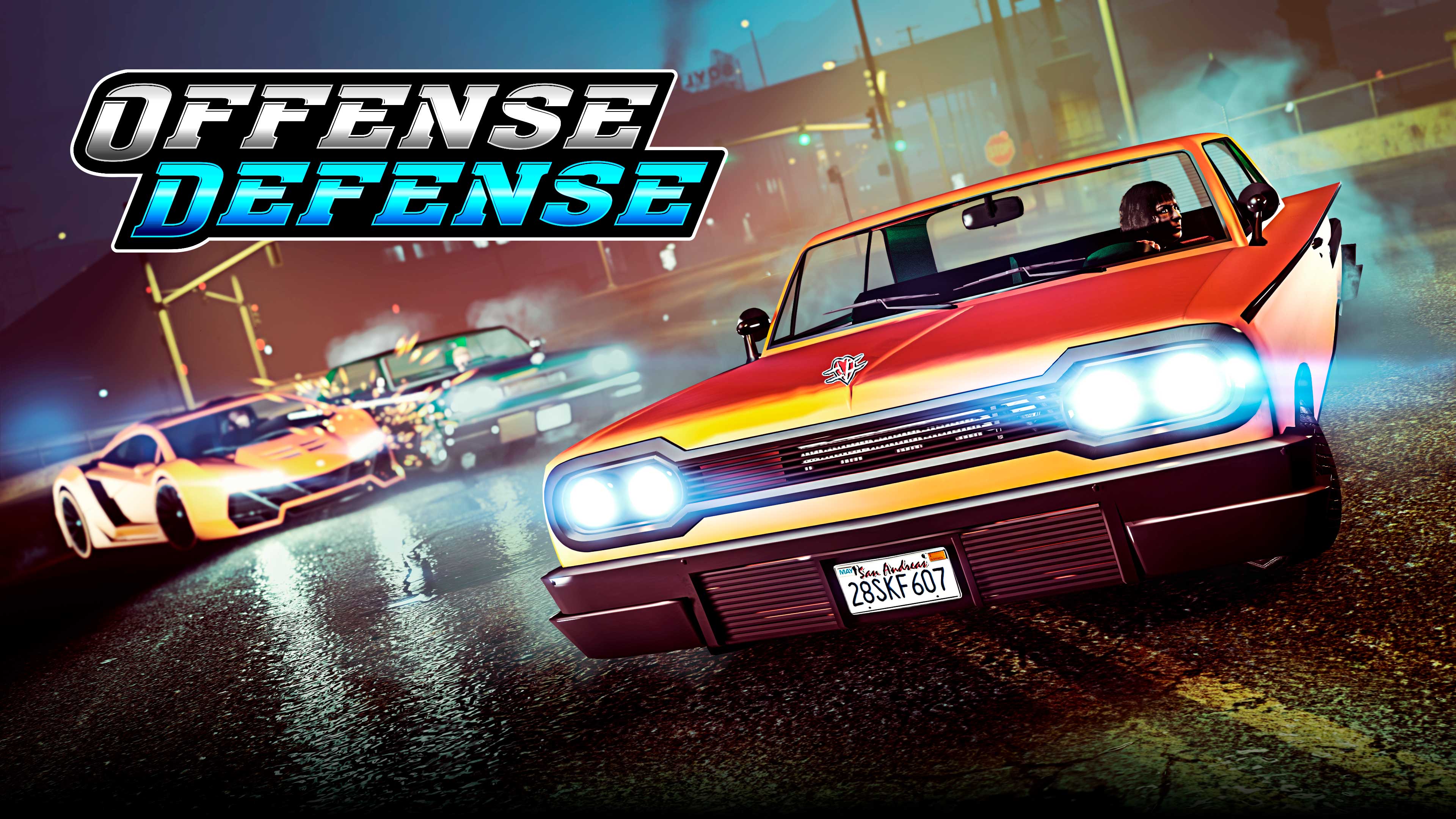 Offense Defense event poster with two cars blocking a road as the other steers rapidly away from them.