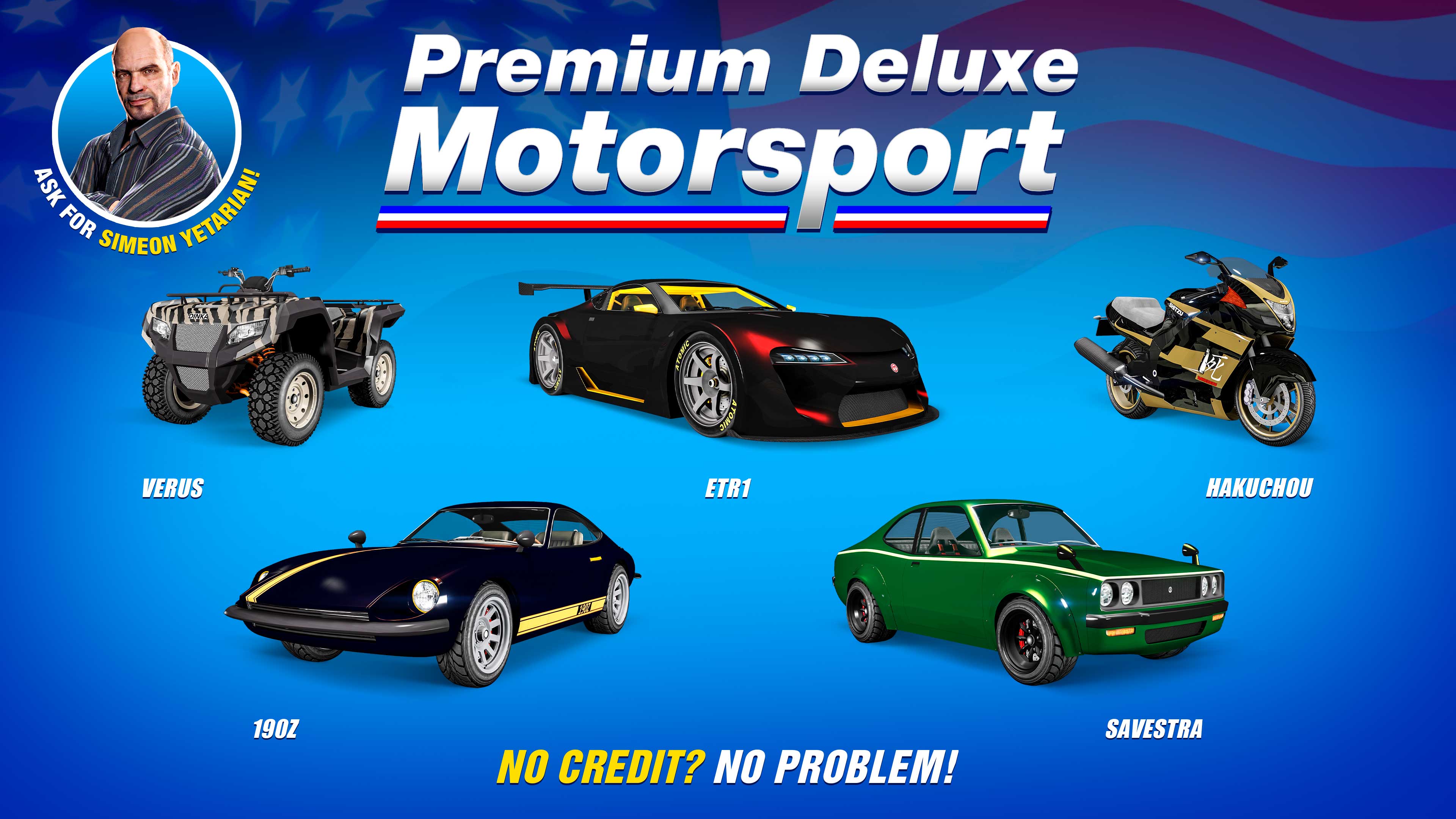 Premium Deluxe Motorsport poster for five vehicles: Emperor ETR1, Annis Savestra, Karin 190z, Shitzu Hakuchou, and Dinka Verus.