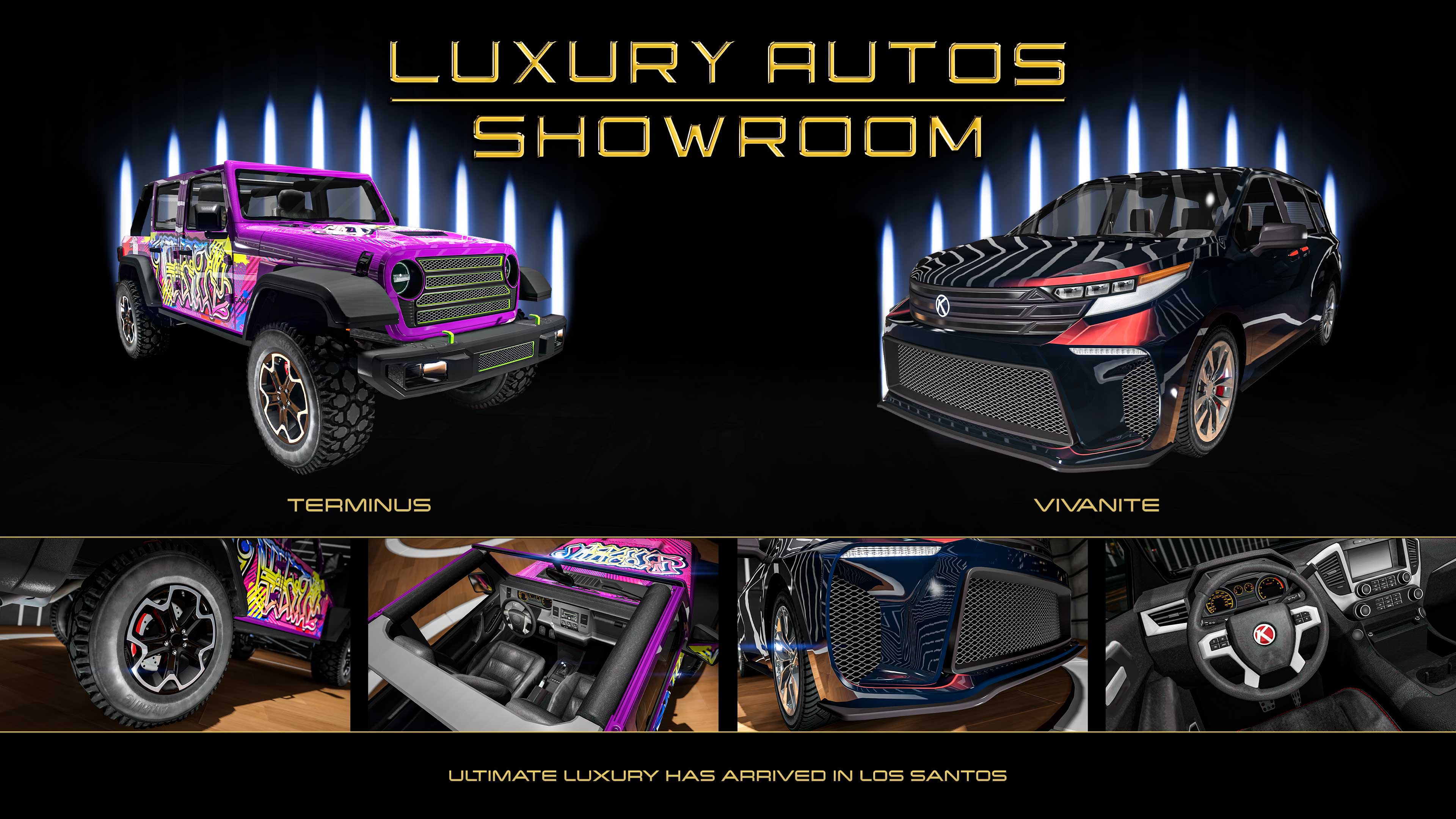 A purple five-door Canis Terminus with green linings along bodywork and a graffiti livery. And a five-door Karin Vivanite with black paint with a cinnamon red shimmer.