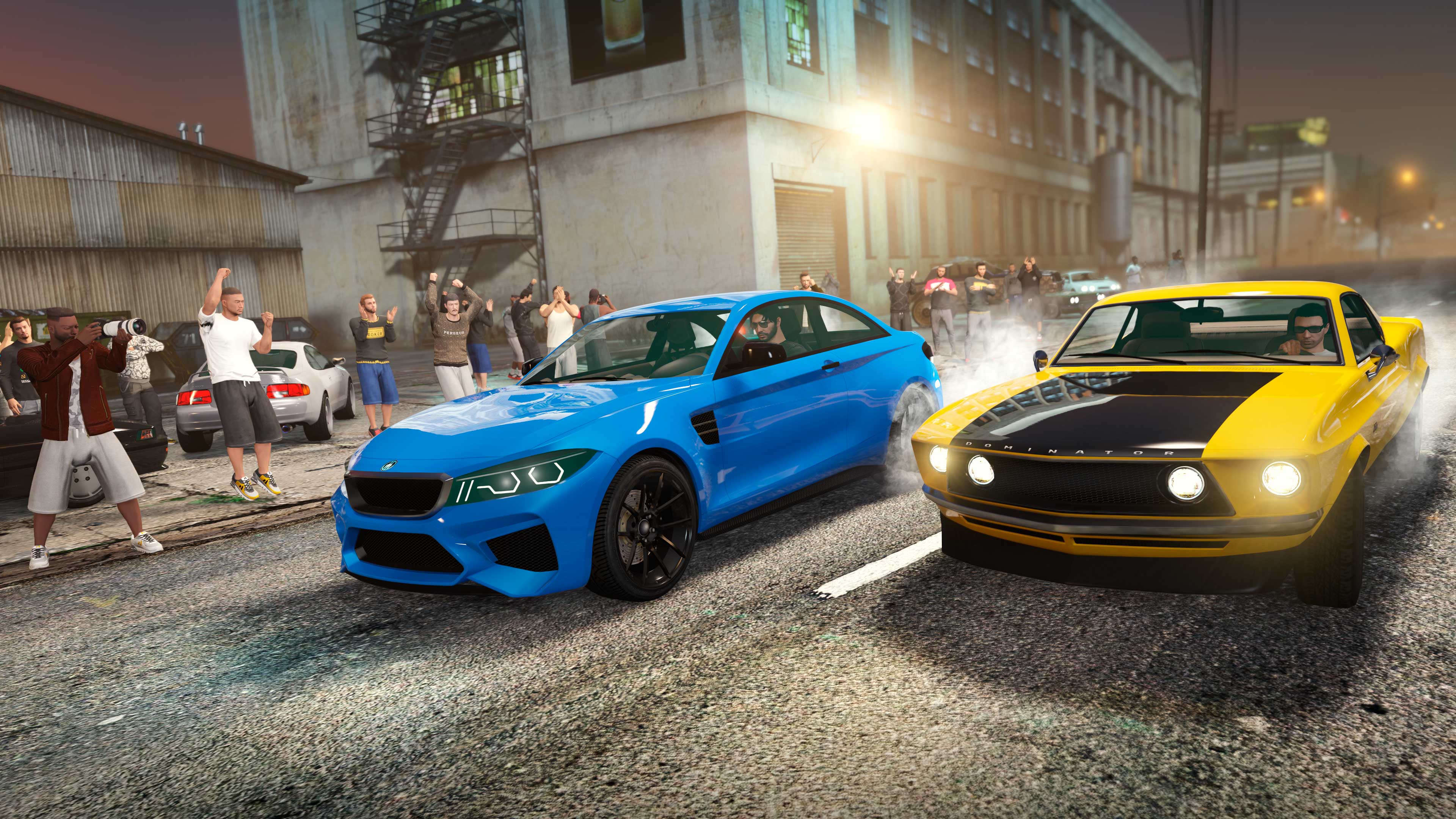 Two vehicles side-by-side and surrounded by a crowd are spinning their wheels at the start of a street Drag Race.