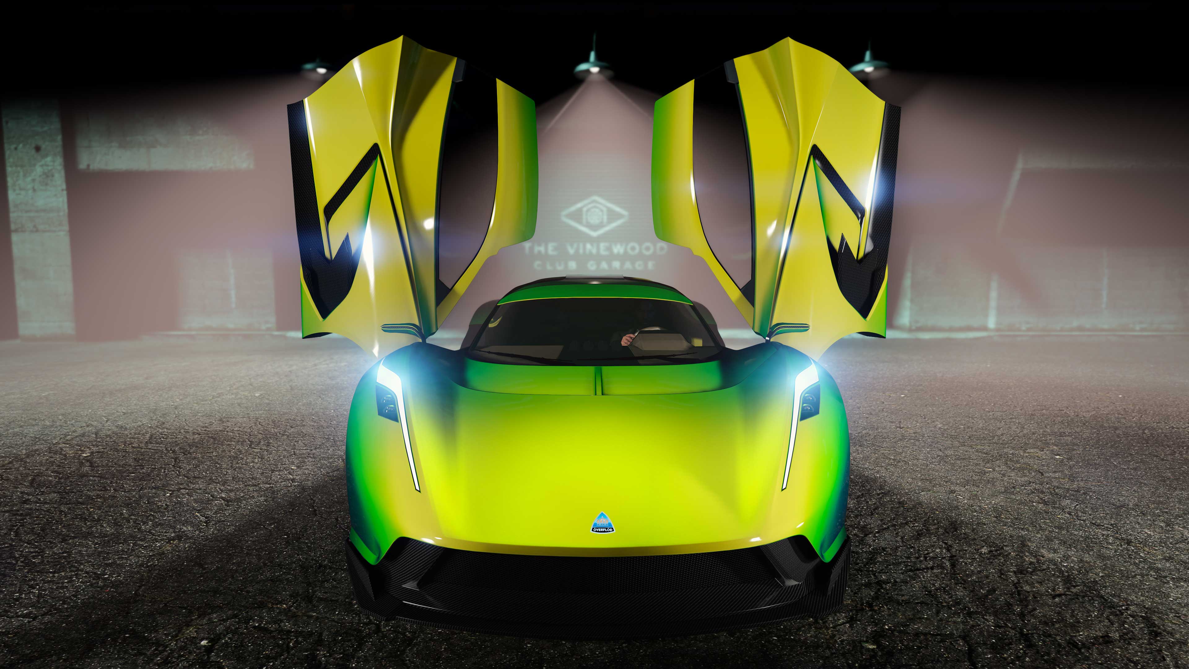 Outside The Vinewood Club Garage, a green Överflöd is parked. The driver and passenger butterfly doors are open and upwards.