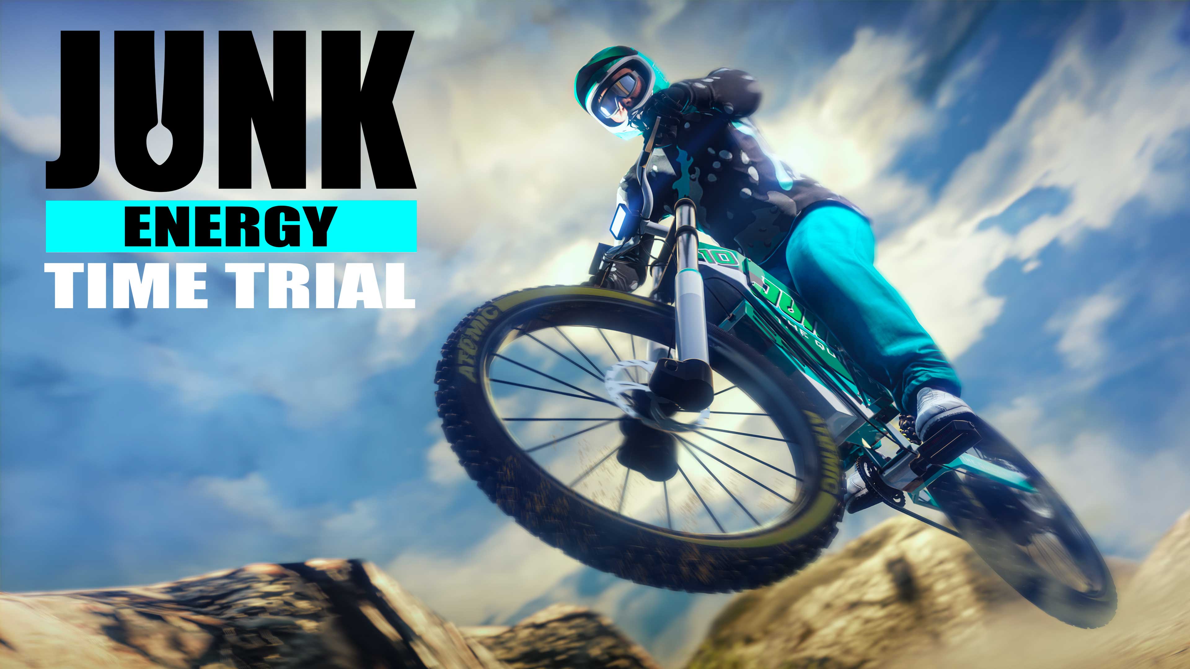 Junk Energy Time Trials event poster with a GTA Online character rider riding an off-road bicycle over rocks.