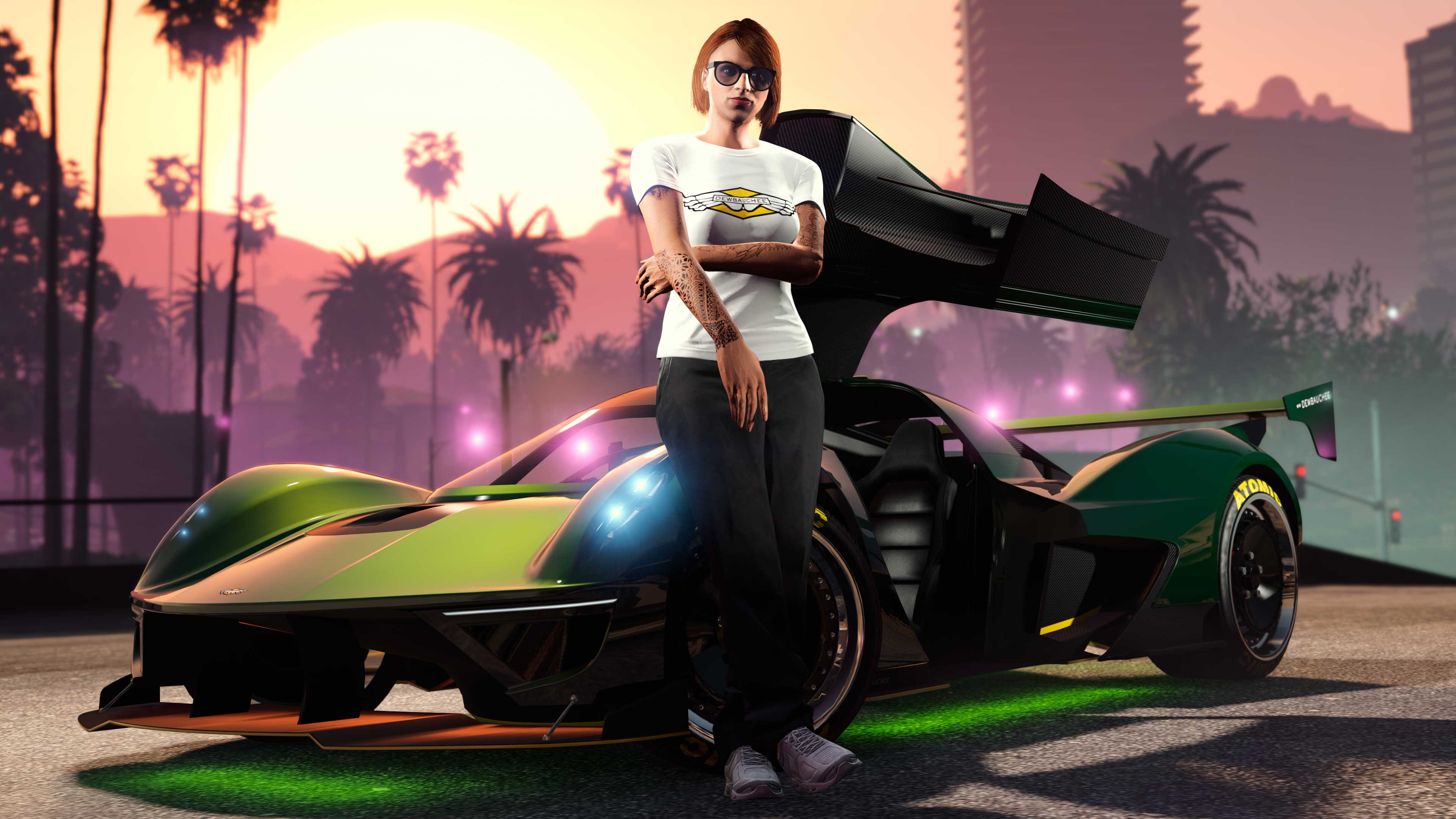 A GTA Online character wearing a white Dewbauchee Tee leans against their Dewbauchee Vagner with a green underglow.