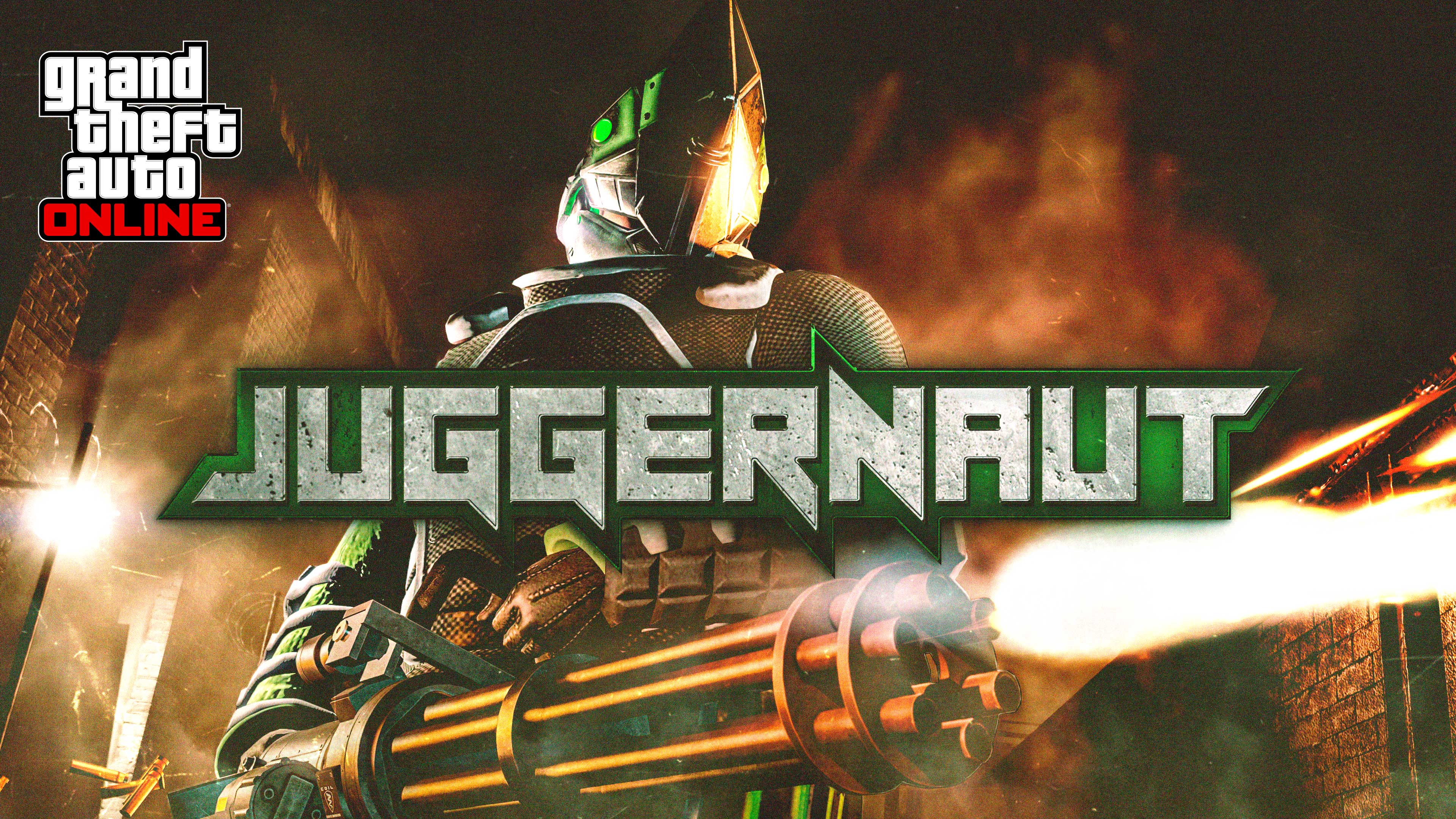 Juggernaut event poster with a heavily armored character wearing a pointed helmet firing a minigun.