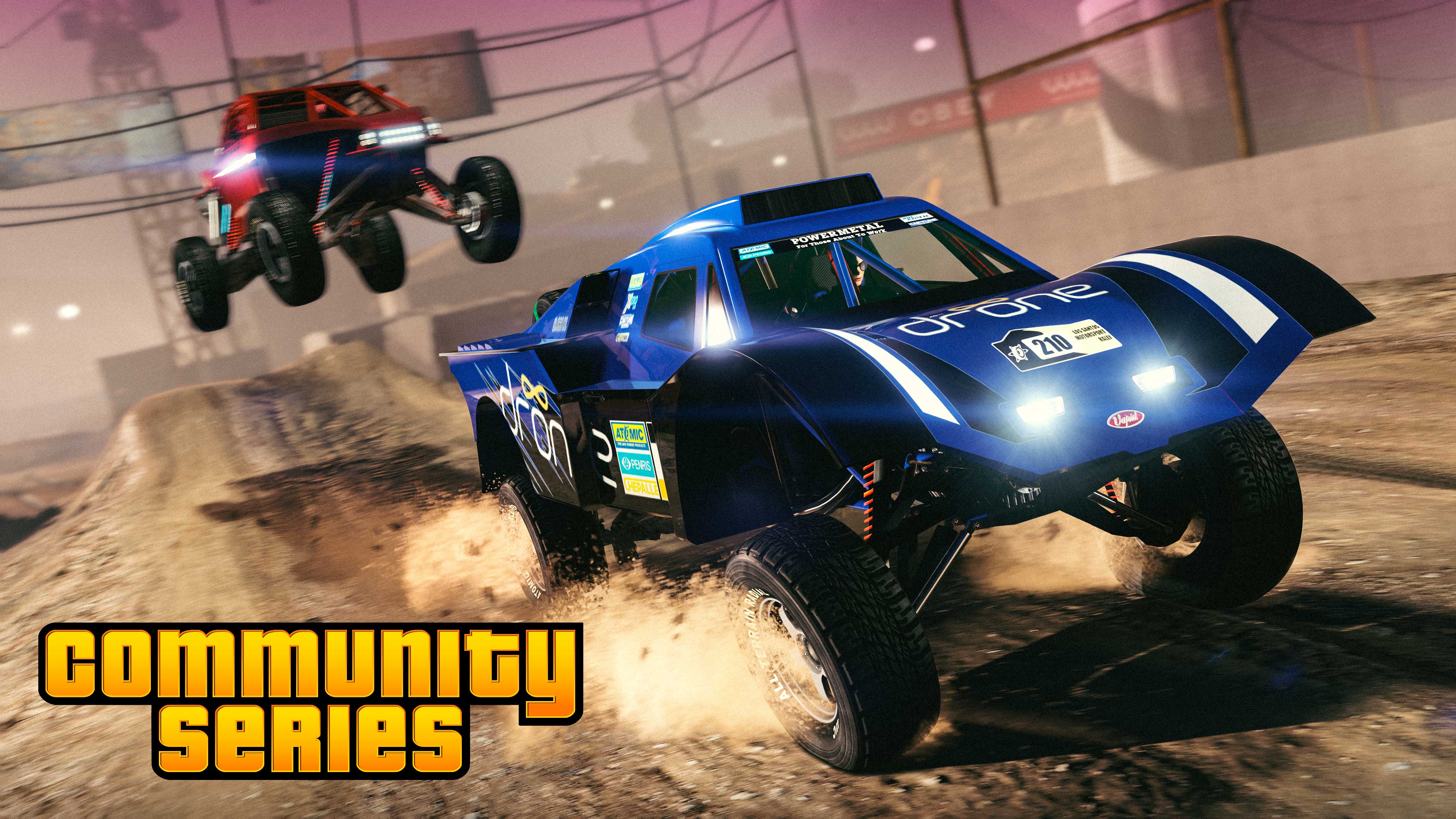 Community Series event poster with a red and a blue off-road buggy racing at The Octagon, a stadium dirt track with mud jumps.