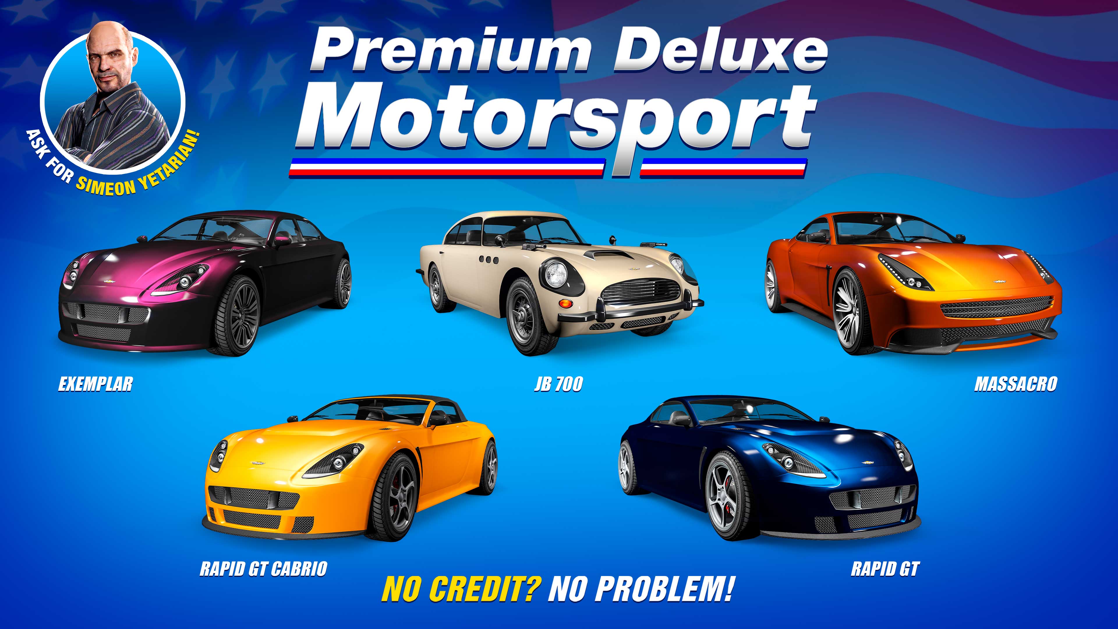 Premium Deluxe Motorsport poster for five vehicles: Dewbauchee JB 700, Dewbauchee Massacro, Dewbauchee Exemplar, Dewbauchee Rapid GT, and Dewbauchee Rapid GT Cabrio.