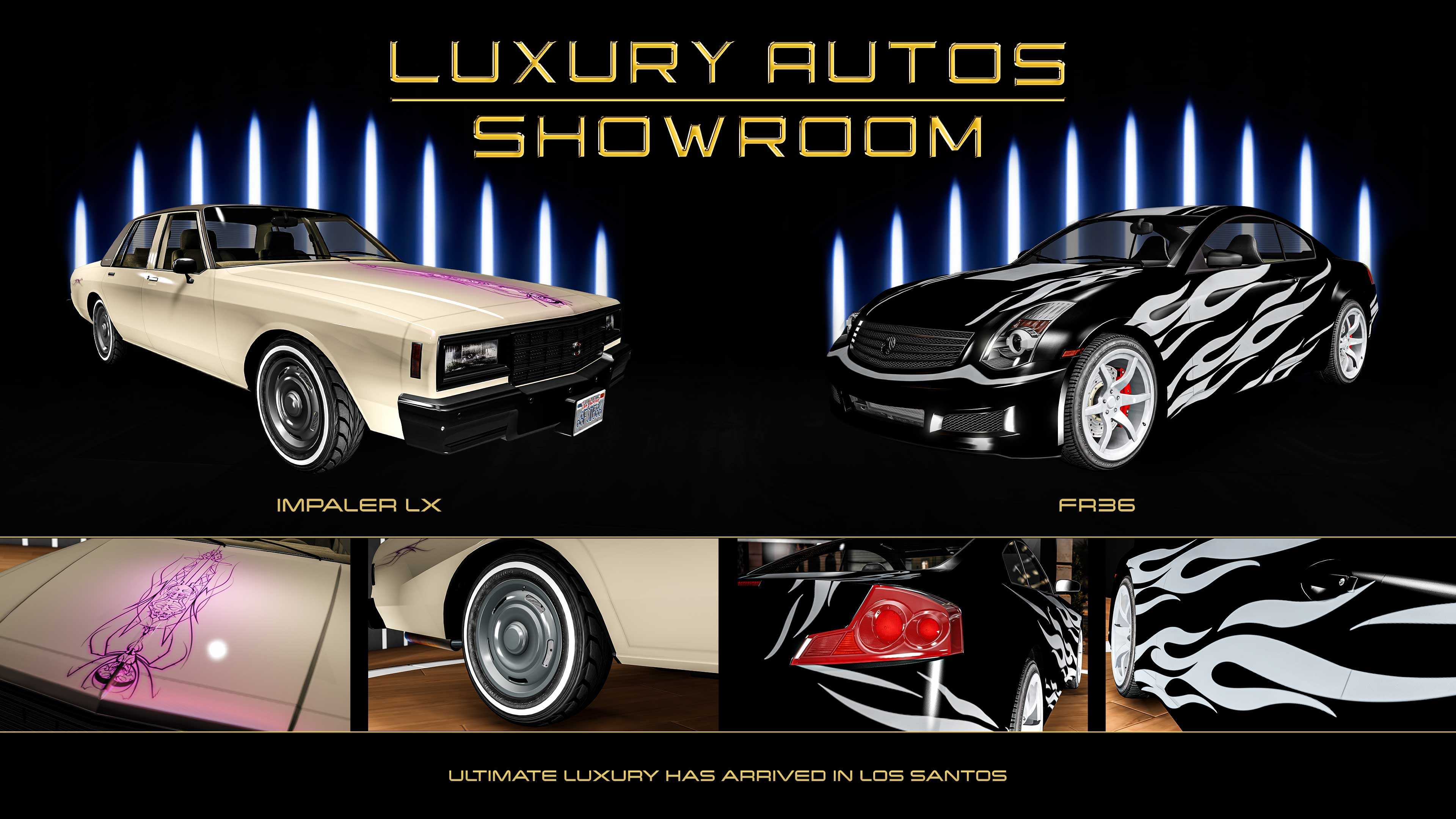 Poster for two Luxury Autos showroom cars. Left: A cream five-door Declasse Impaler LX with a vibrant pink spider line art livery. Right: A black three-door Fathom FR36 with a white flame livery.