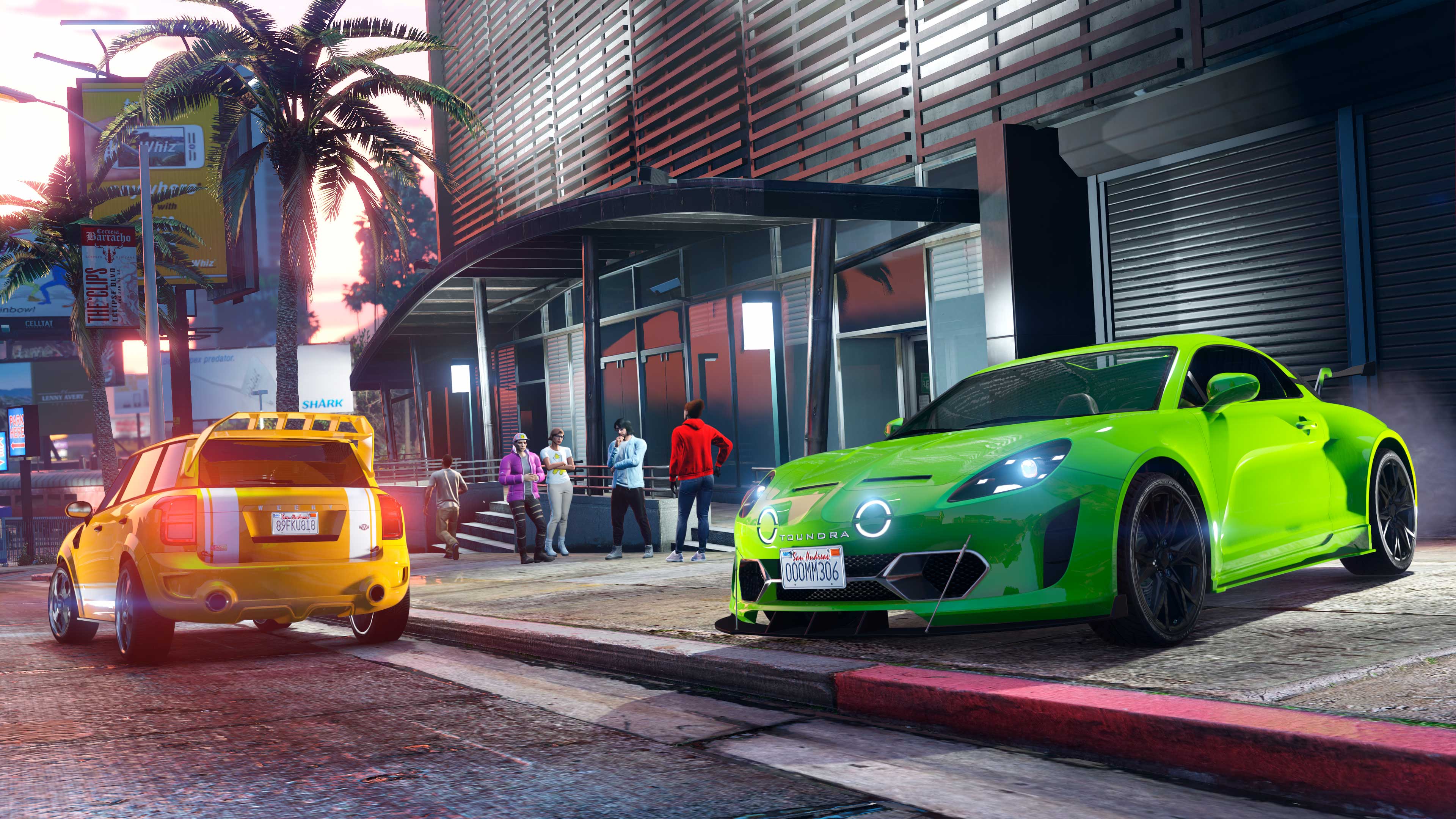 Outside the Eclipse Blvd Garage, a green Toundra Panthere pulls out onto the road behind a yellow modified Weeny Issi.
