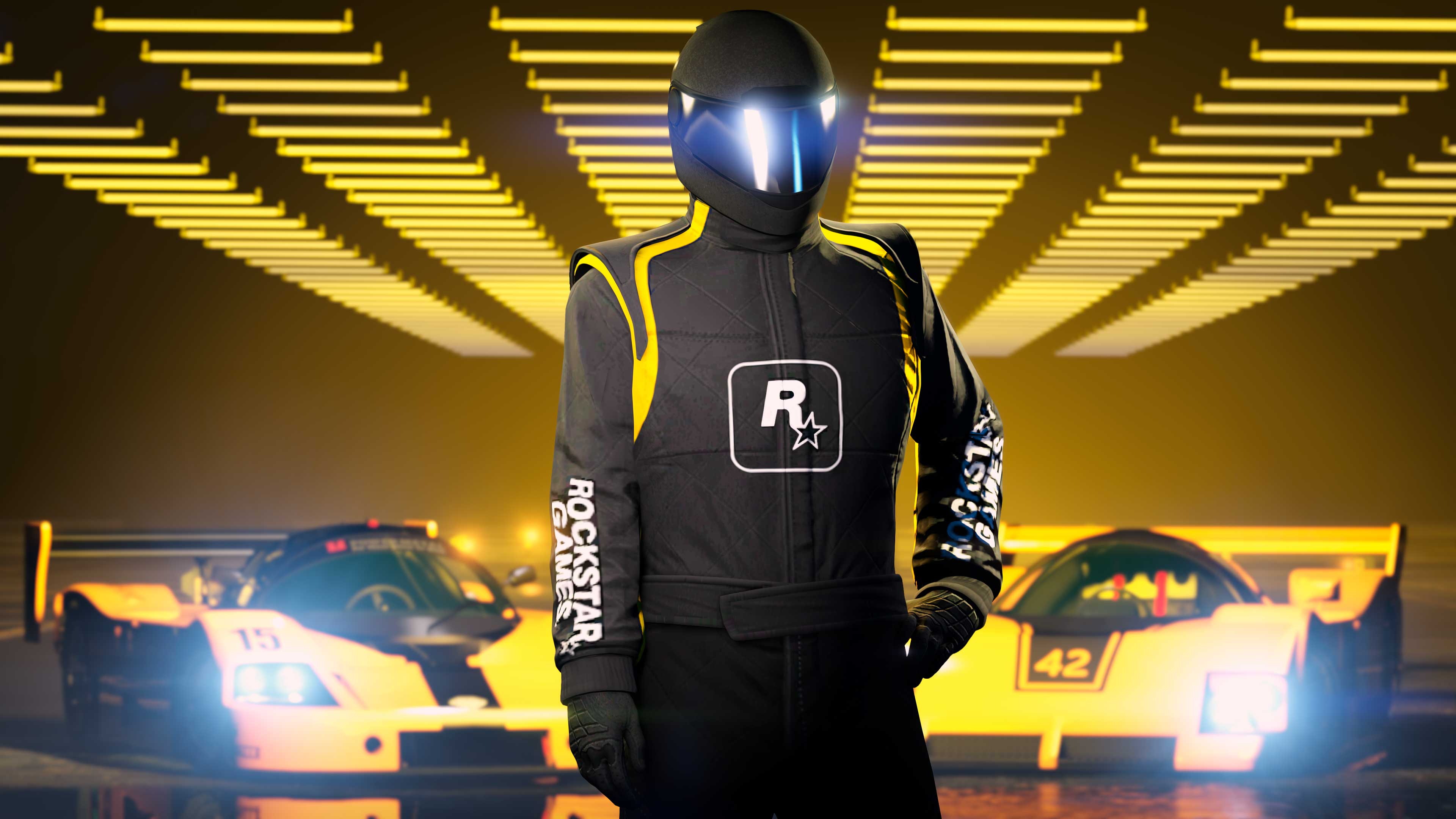 A GTA Online character wearing a black and yellow Rockstar Racing Suit.