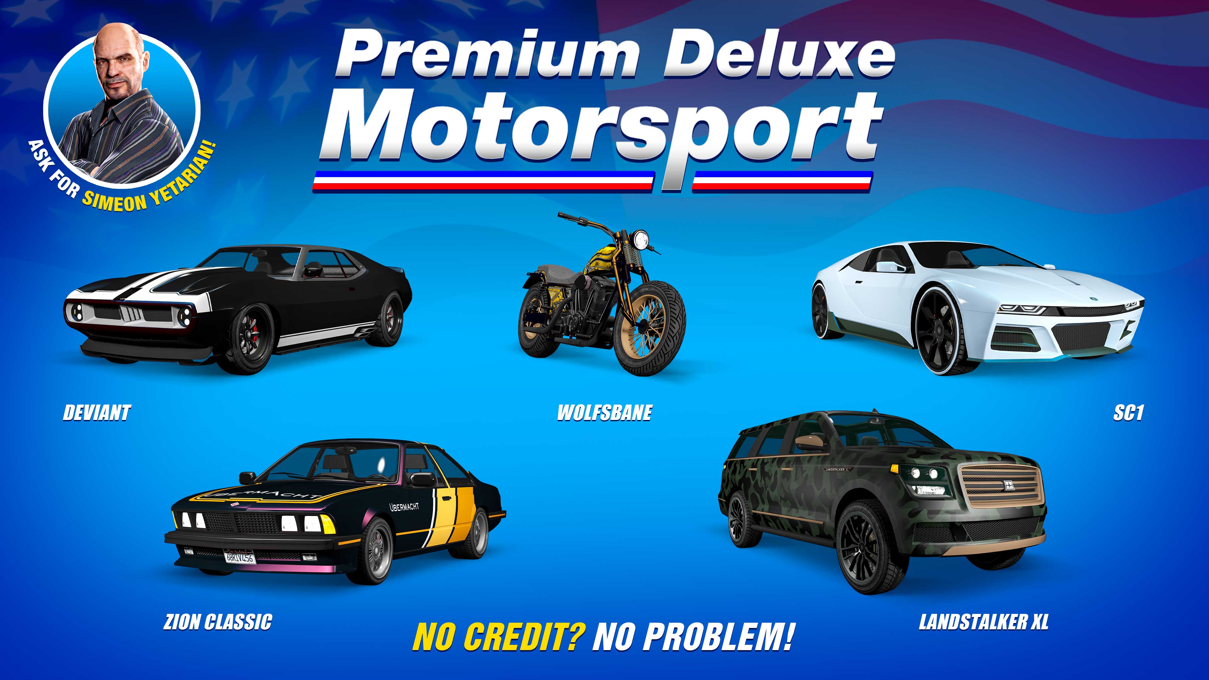 Premium Deluxe Motorsport poster for five vehicles: Übermacht SC1, Dundreary Landstalker XL, Übermacht Zion Classic, Schyster Deviant, Western Wolfsbane.