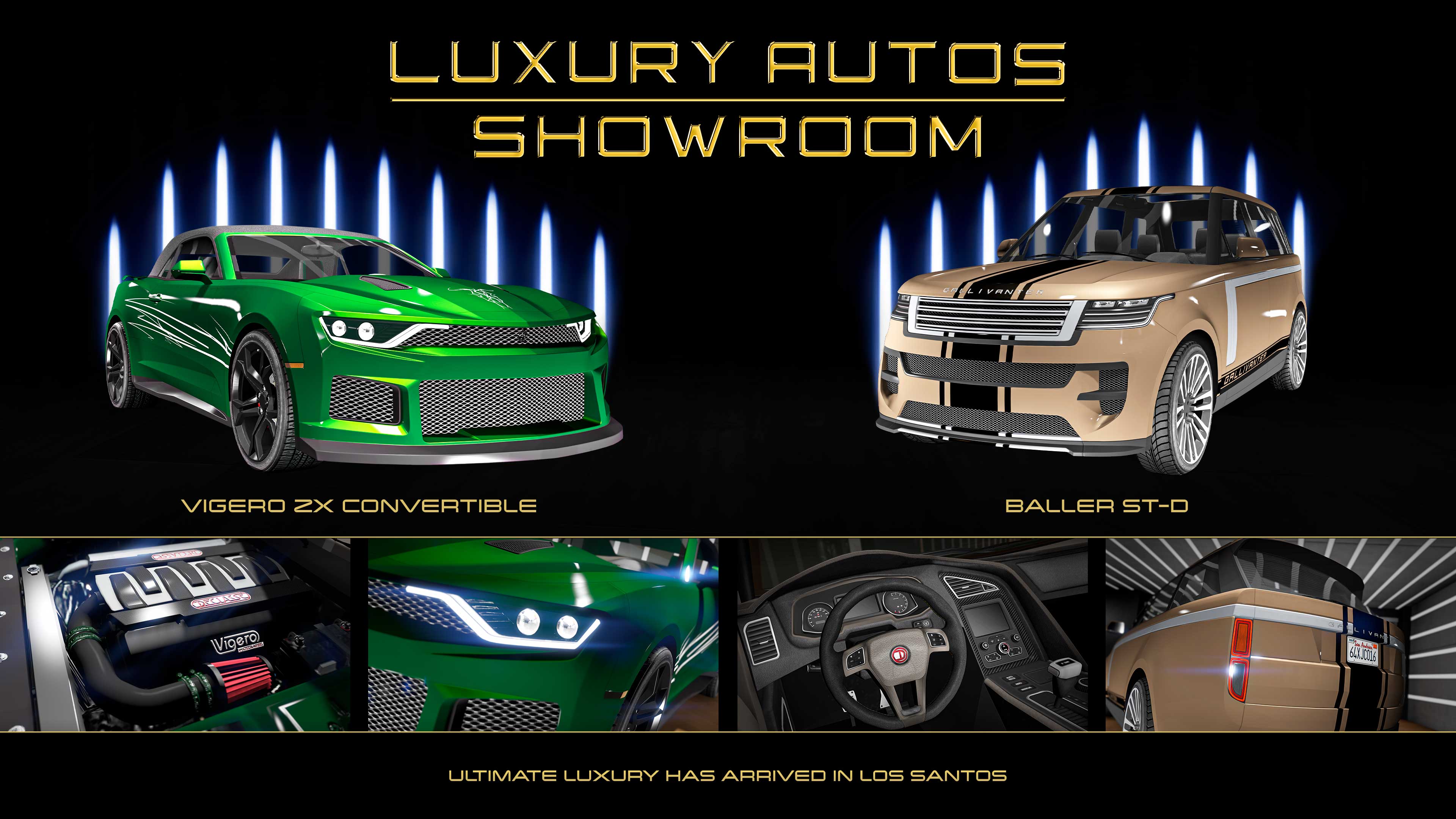 Poster for two Luxury Autos showroom cars. Left: A green three-door Declasse Vigero ZX Convertible. Right: A tan brown, five-door Gallivanter Baller ST-D with a black racing stripe down the middle, and a cream stripe along the sides.