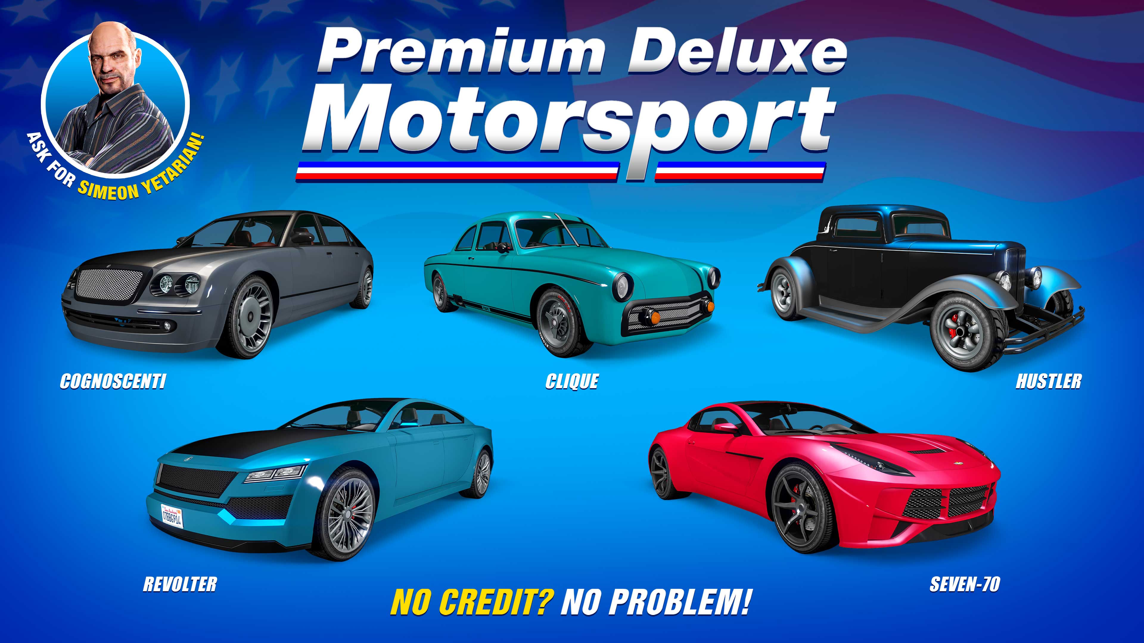 Premium Deluxe Motorsport poster for five vehicles: Übermacht Revolter, Vapid Clique, Dewbauchee Seven-70, Vapid Hustler, Enus Cognoscenti.
