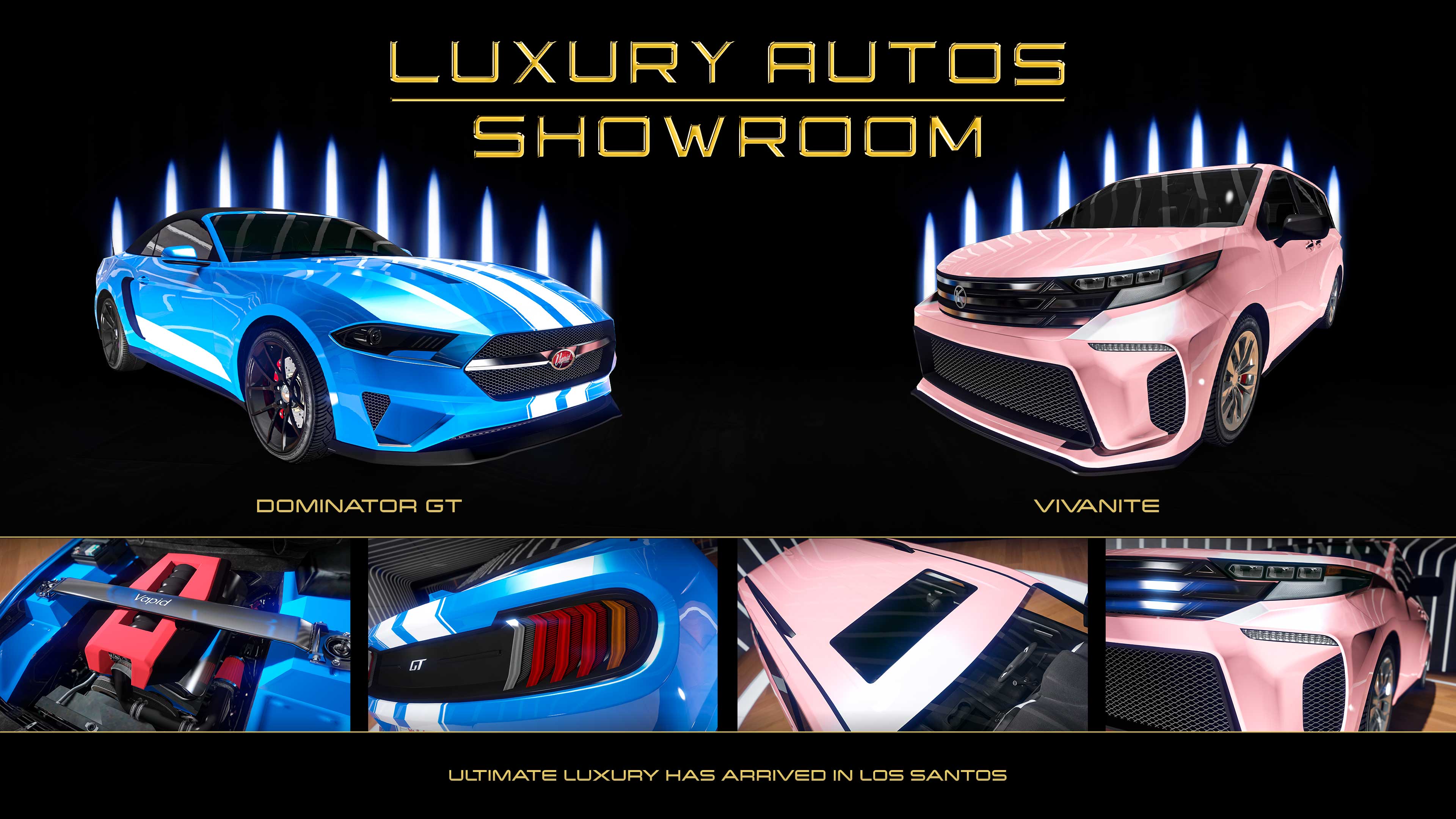 Poster for two Luxury Autos showroom cars. Left: A three-door Vapid Dominator GT with blue paint and white racing stripes. Right: A five-door Karin Vivante with soft pink paint. 