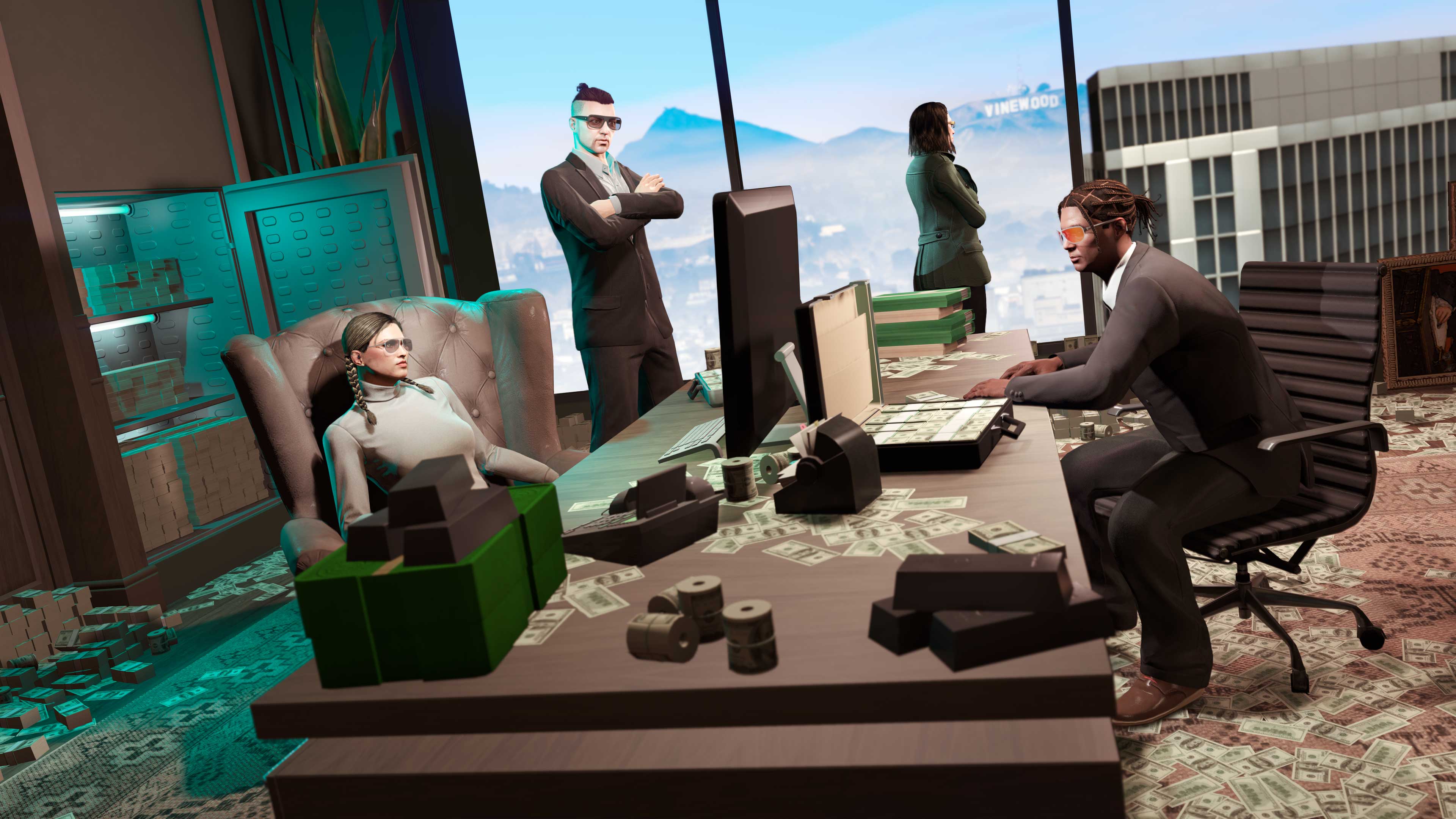 Four GTA Online players surrounding a desk in an Executive Office littered with cash and ingots.