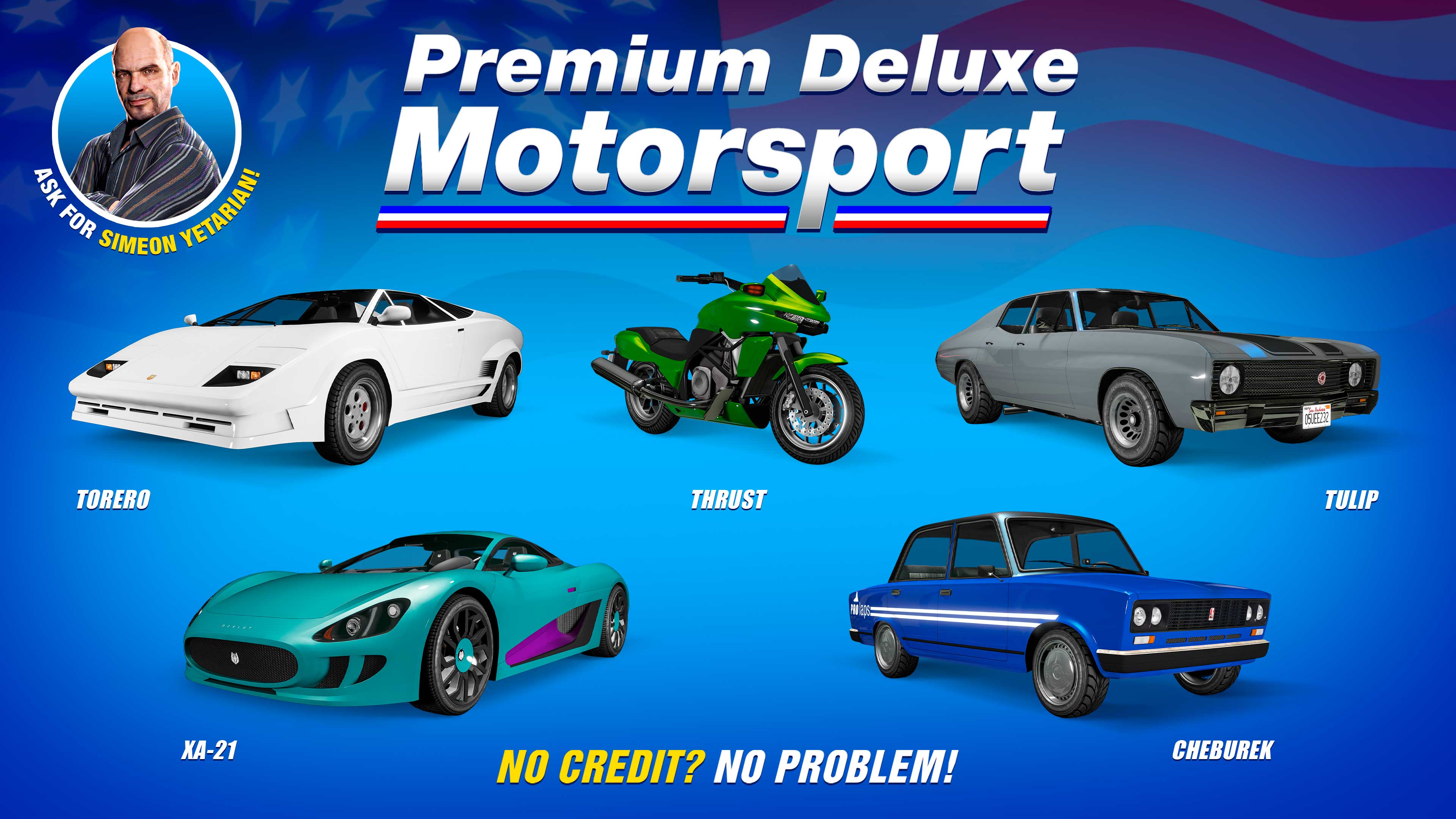 Premium Deluxe Motorsport poster for five vehicles: Ocelot XA-21, Pegassi Torero, Dinka Thrust, Declasse Tulip, RUNE Cheburek.