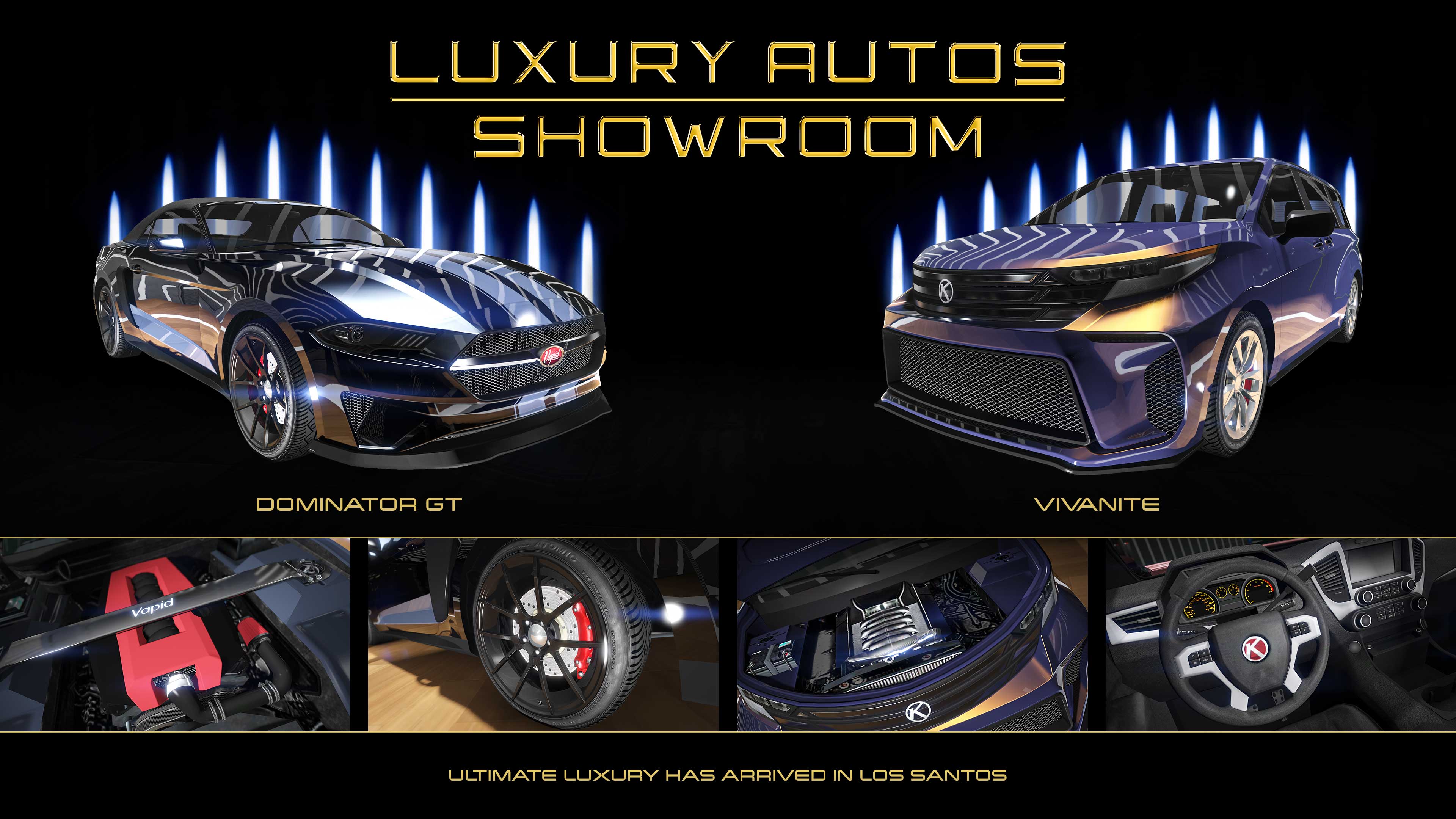 Poster for two Luxury Autos showroom cars. Left: Vapid Dominator GT with glossy black paint and white racing stripes. Right: Karin Vivanite with purple and gold iridescent paint.  
