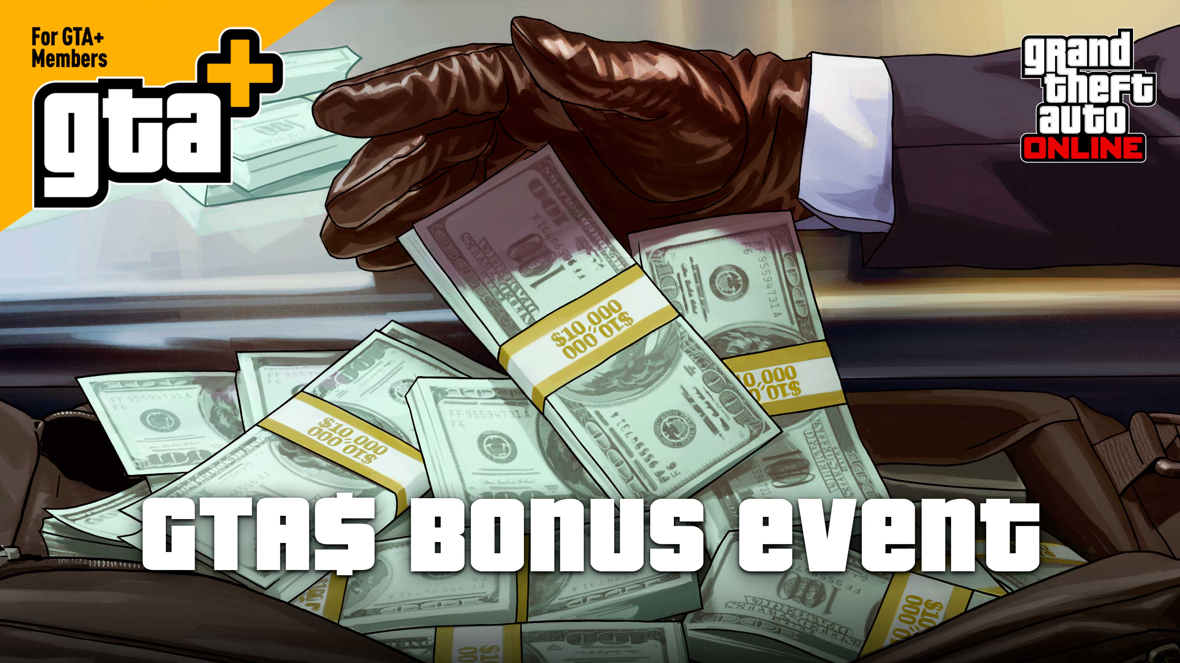 GTA$ Bonus Event poster with a gloved hand sweeping cash into a bag.