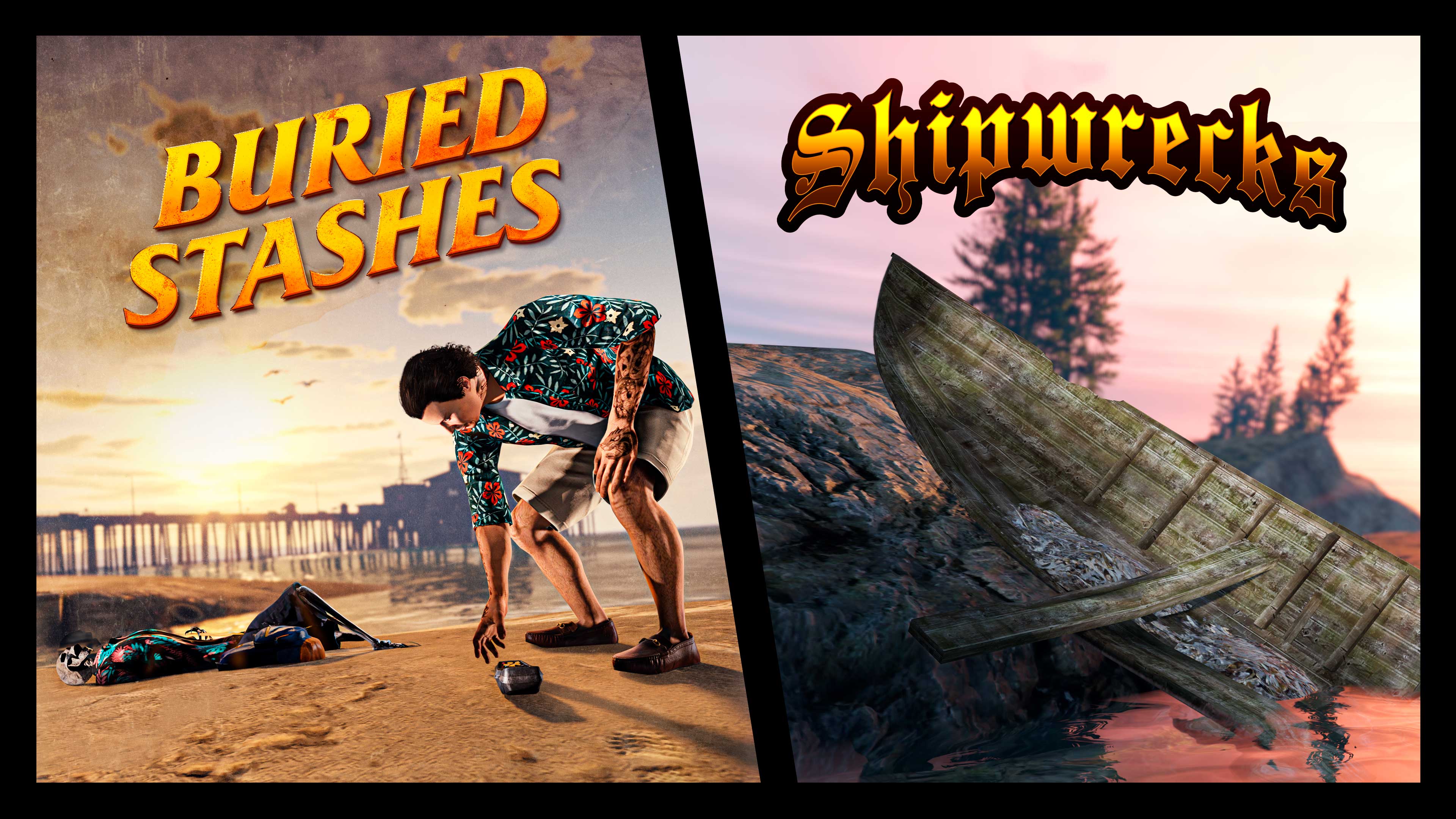 Split image. Left reads: “Buried Stashes.” A GTA Online player in a Hawaiian shirt picks up a device from the sand near a skeleton. Right reads: “Shipwrecks” with a shipwreck on rocks at the shore.