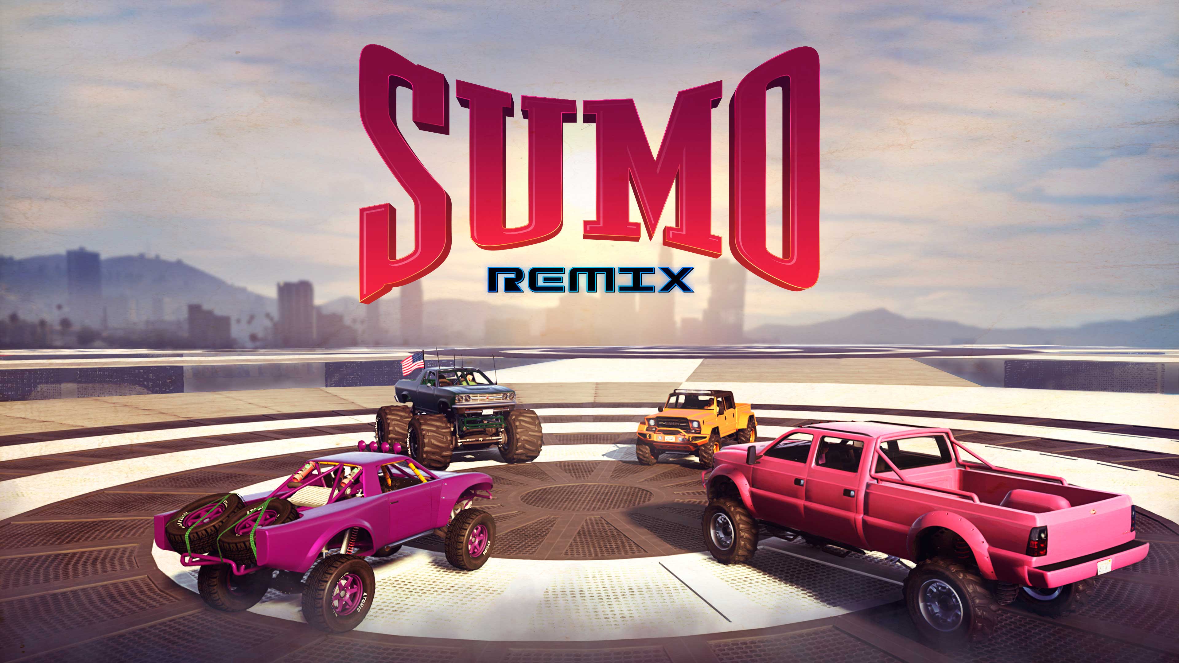 Sumo Remix poster with four off-road cars facing one another.