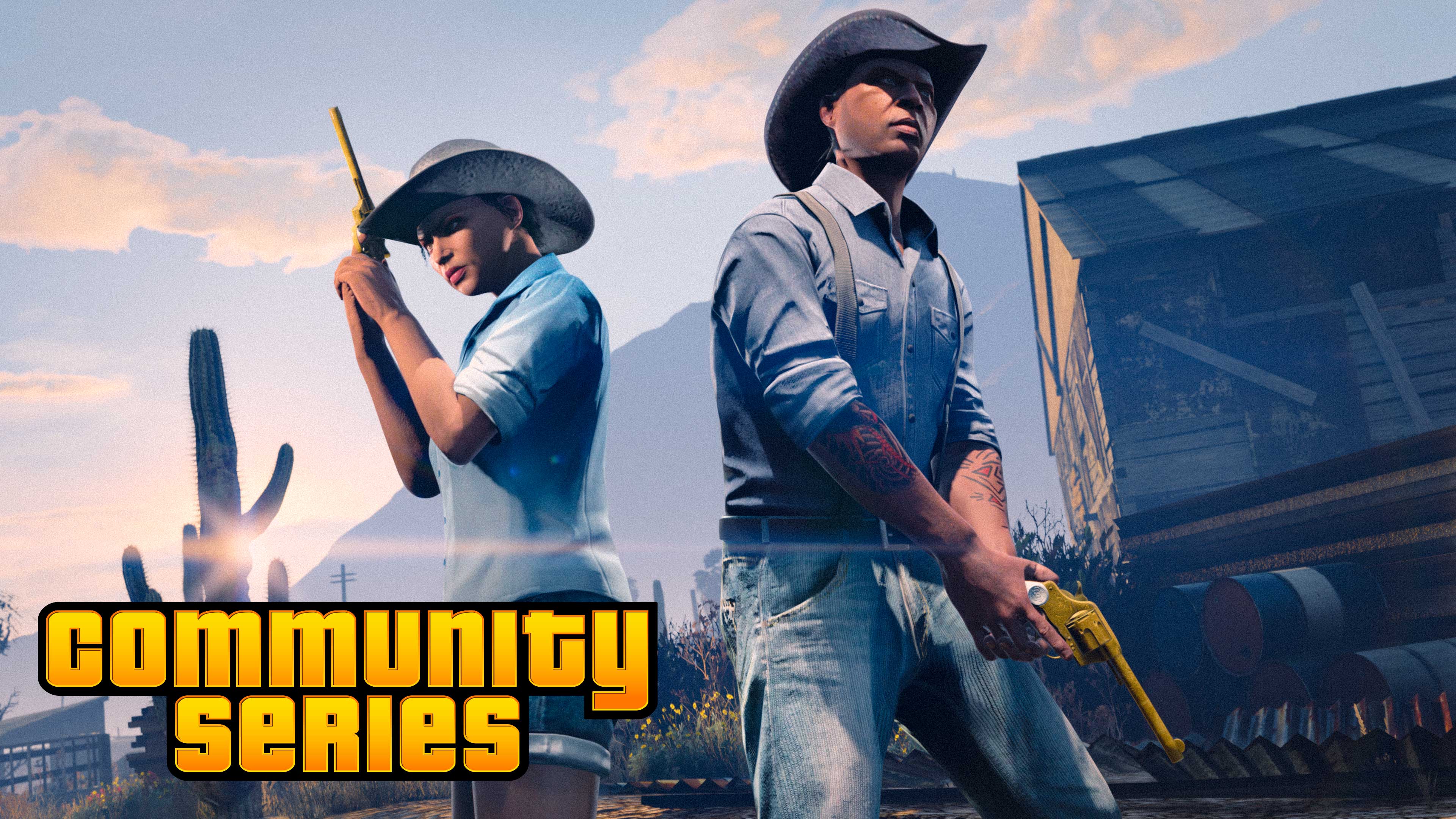 Two GTA Online players hold golden revolvers in a Community Series event.