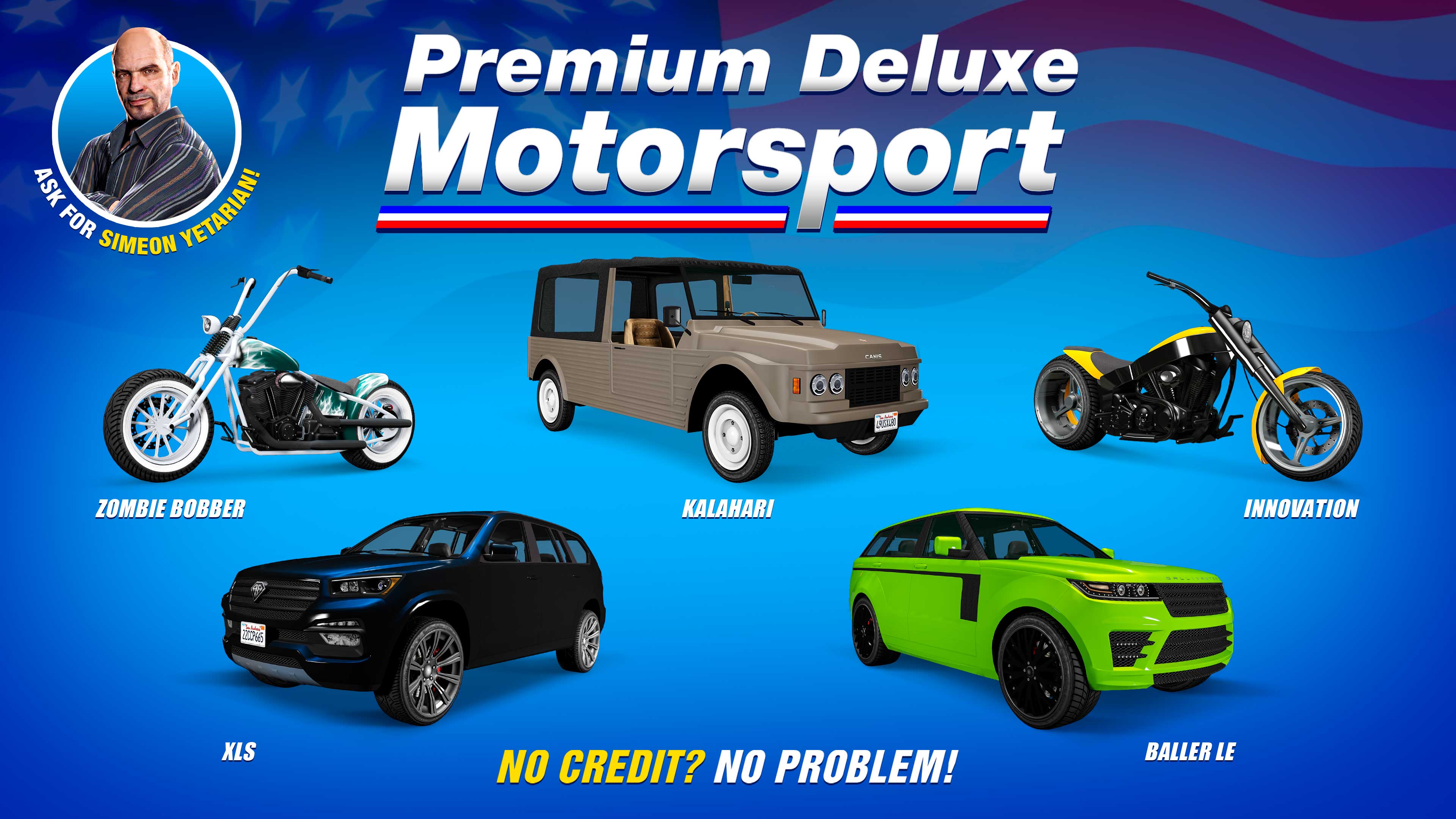 Premium Deluxe Motorsport poster for five vehicles: Gallivanter Baller LE, LCC Innovation, Benefactor XLS, Canis Kalahari, Western Zombie Bobber.
