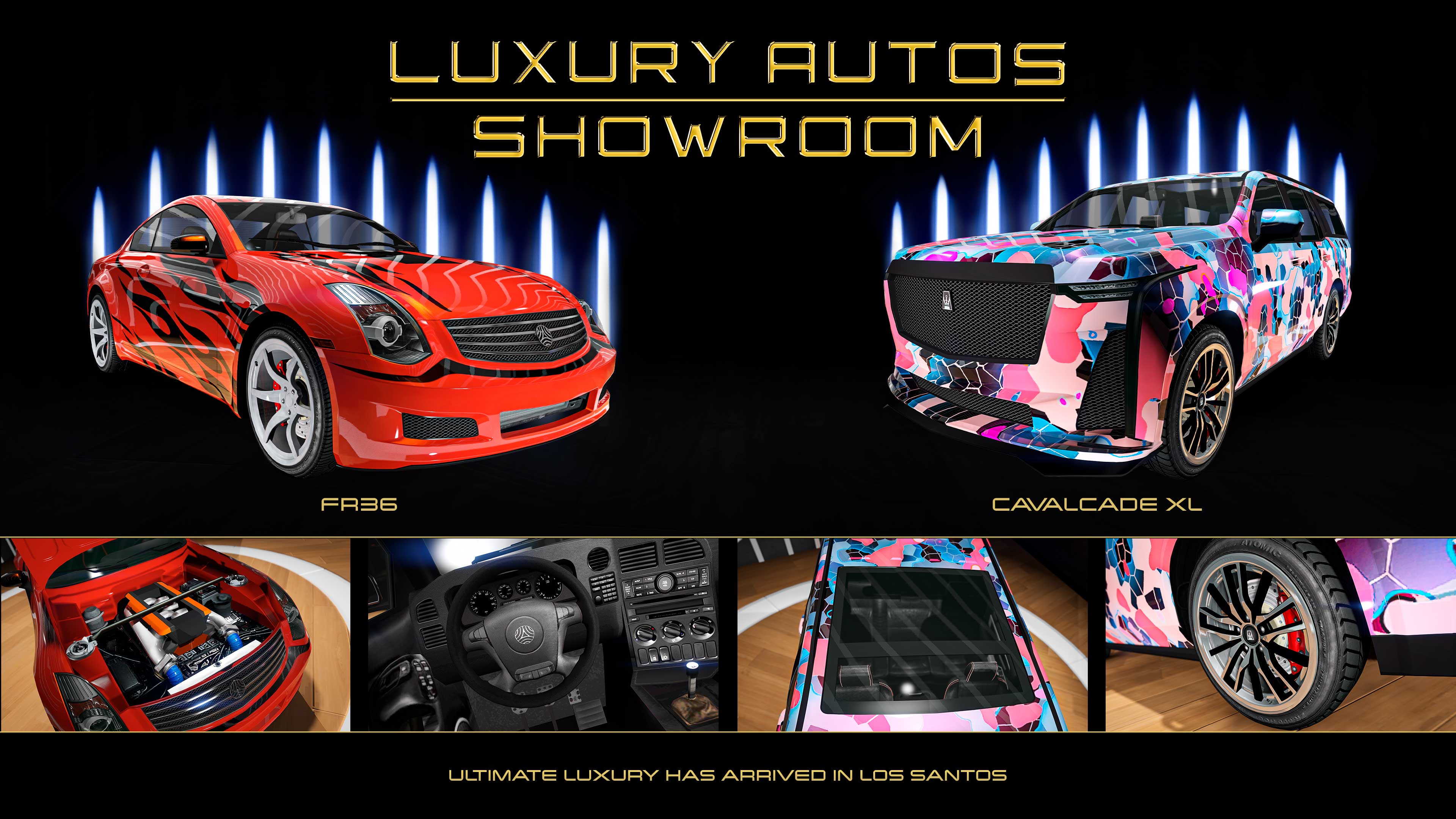 Poster for two Luxury Autos showroom cars. Left: A three-door Fathom FR36 with red paint and black flame livery. Right: A five-door Albany Cavalcade XL with blue, pink, and purple mosaic livery.