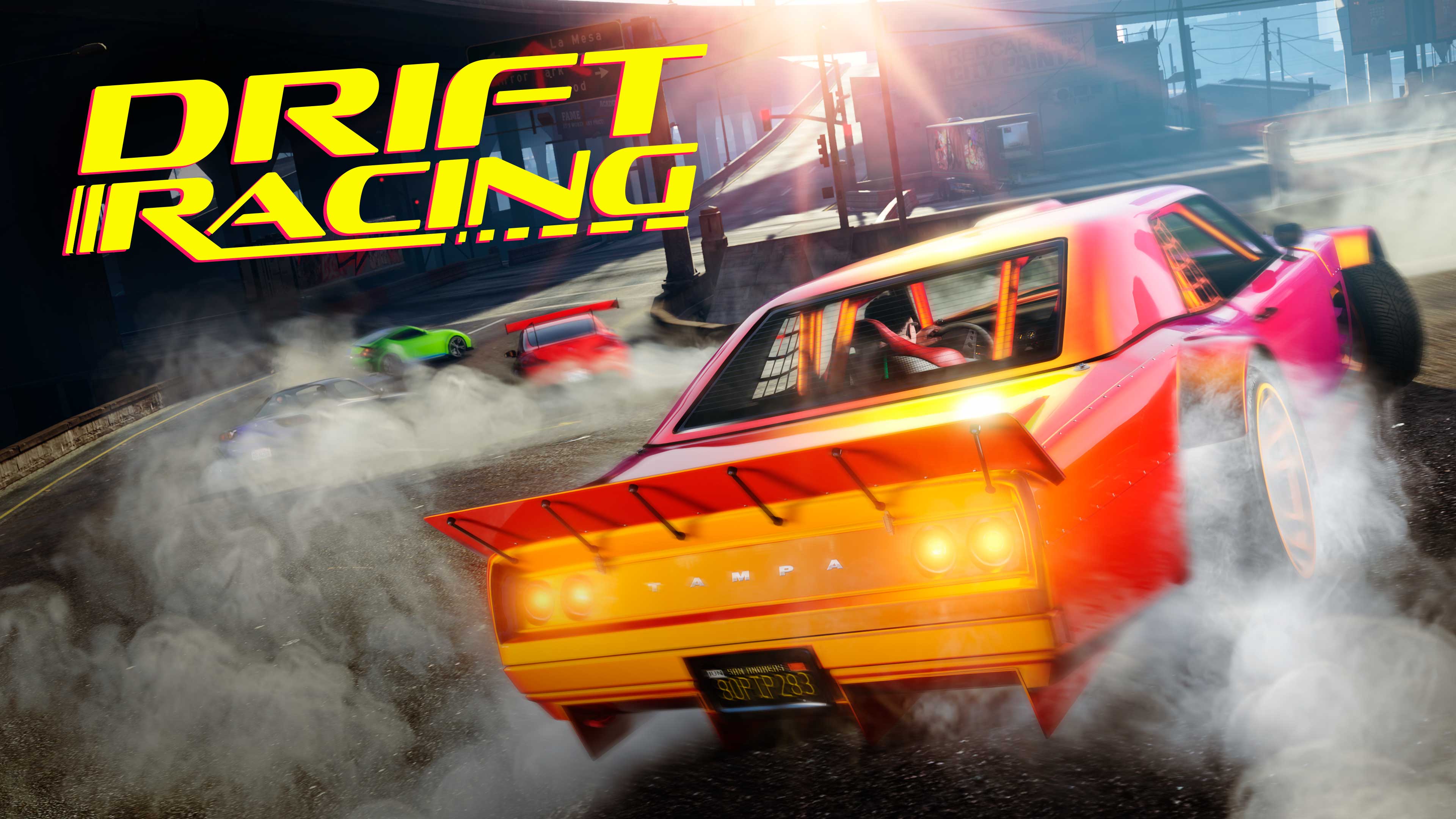 Drift Racing poster with cars drifting on a road.