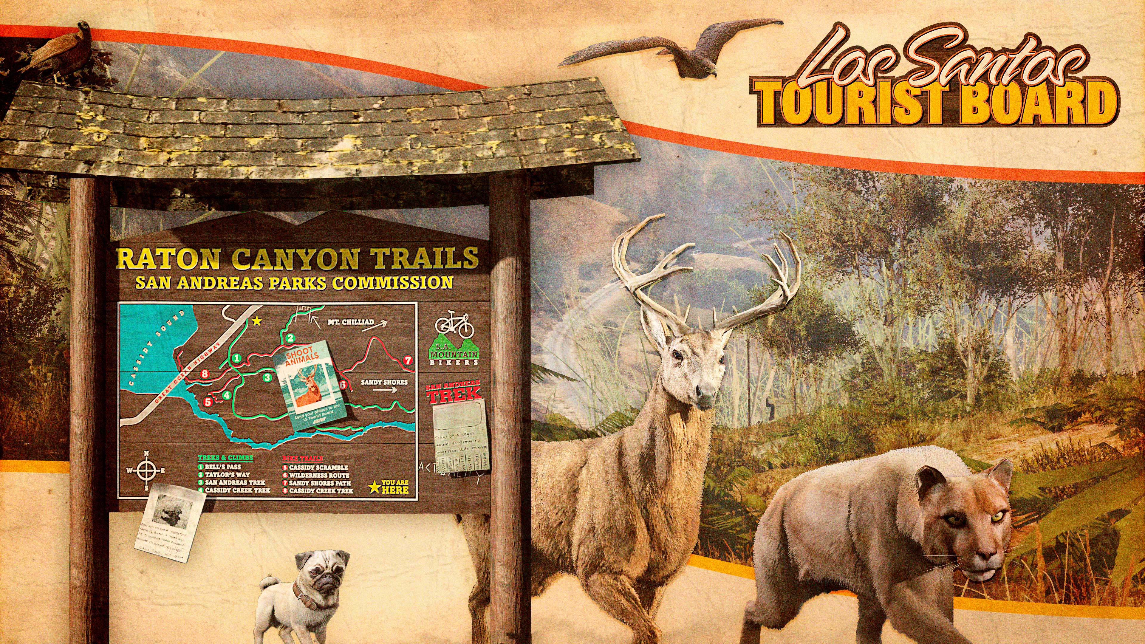 Los Santos Tourist Board poster showing a Raton Canyon Trails notice board surrounded by wild animals; birds, deer, mountain lion, and a pug.