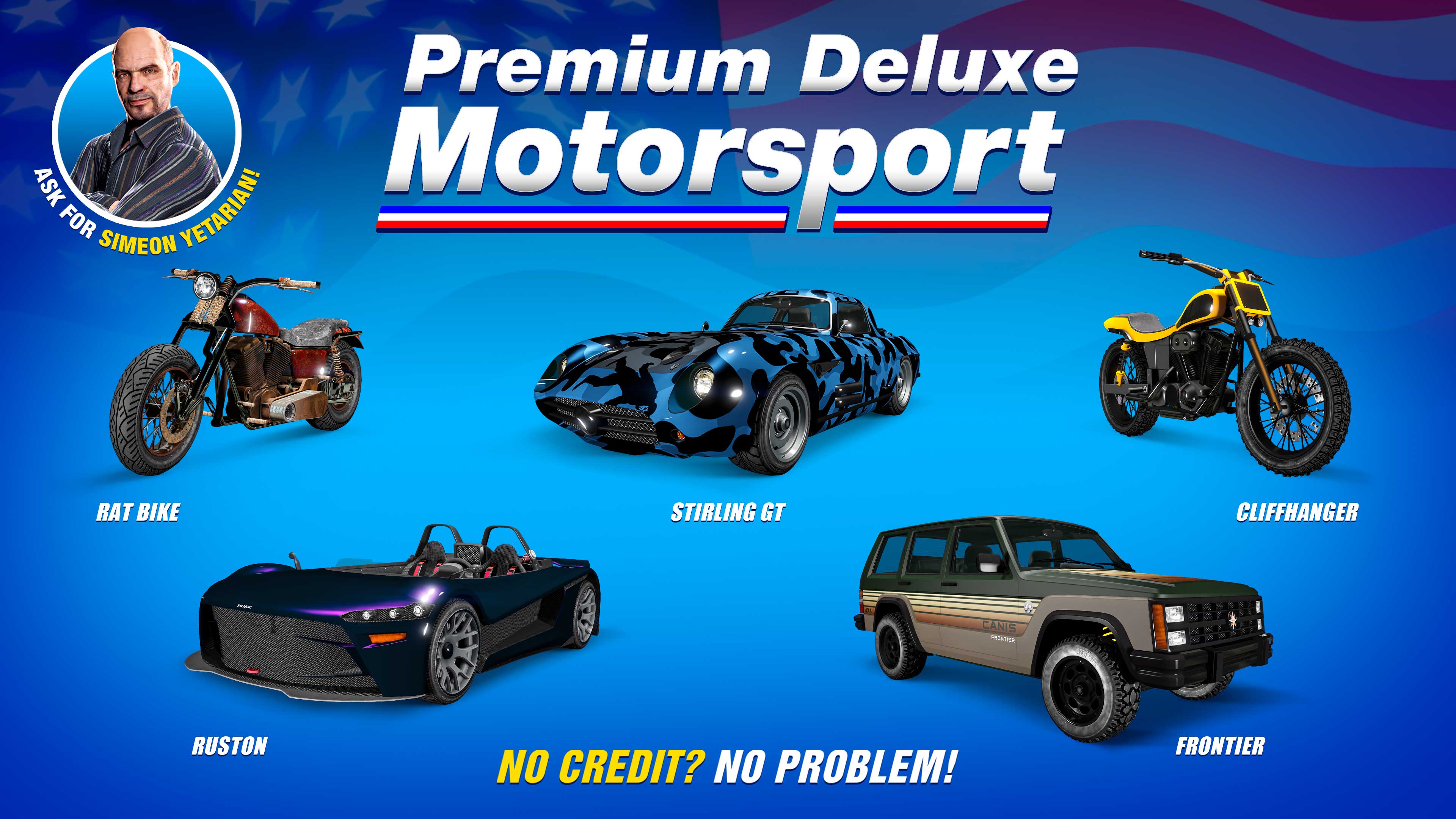 Premium Deluxe Motorsport poster for five vehicles: Benefactor Stirling GT, Canis Seminole Frontier, Western Cliffhanger, Hijak Ruston, Western Rat Bike.