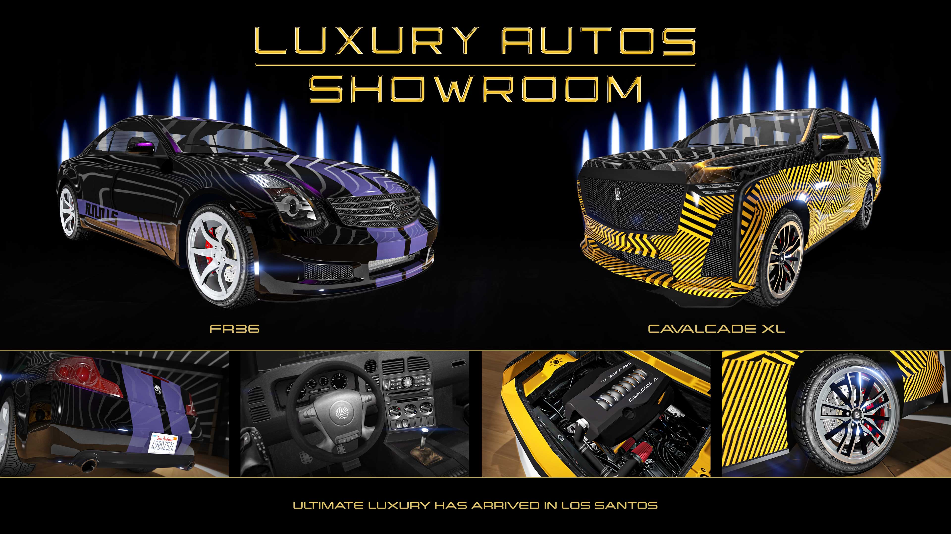 Poster for two Luxury Autos showroom cars. Left: A black, three-door Fathom FR36 with violet racing stripes. Right: A black five-door Albany Cavalcade XL with a yellow striped and zig-zag livery for the bottom half.