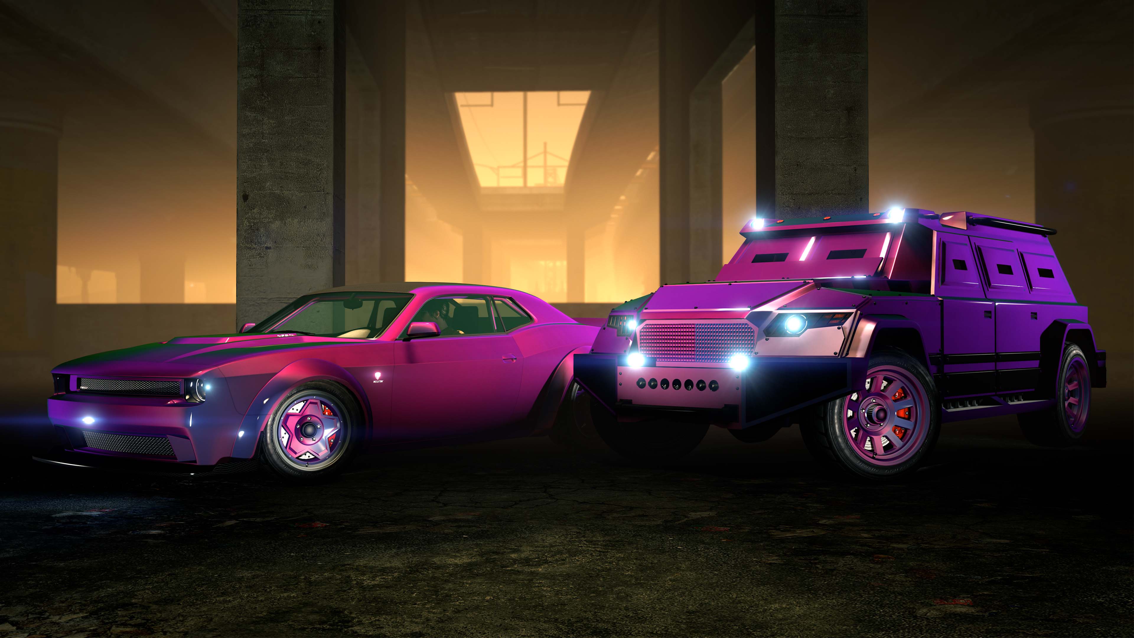 Two cars side-by-side under a bridge with the Magenta/Cyan Flip Chameleon Paint and Wheel Paint. 