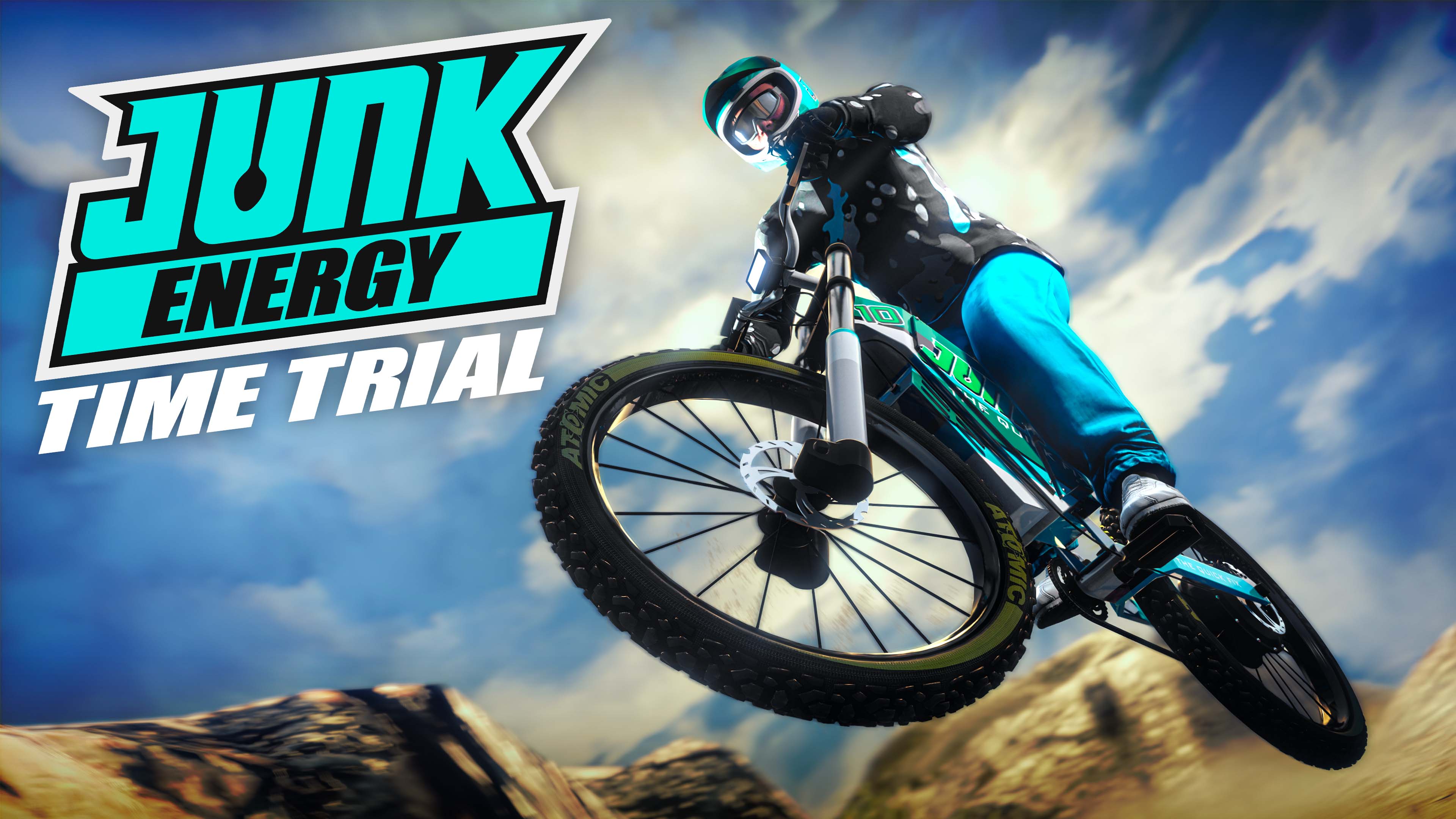 A GTA Online character rides an off-road e-bike mid-air near a rocky landscape. 