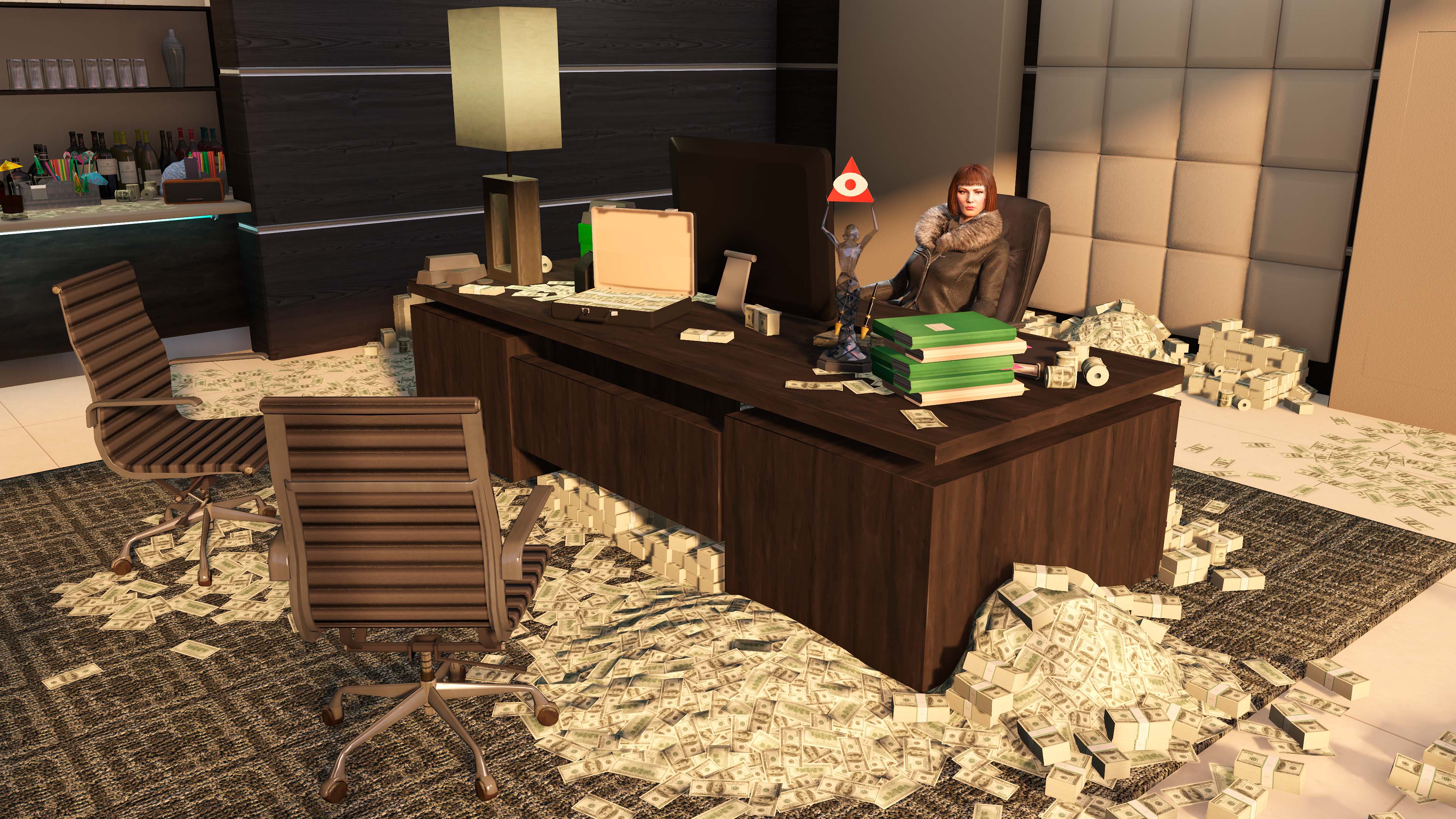 A GTA Online character at their desk in their Executive Office surrounded by stacks of cash over the floor and desk. 