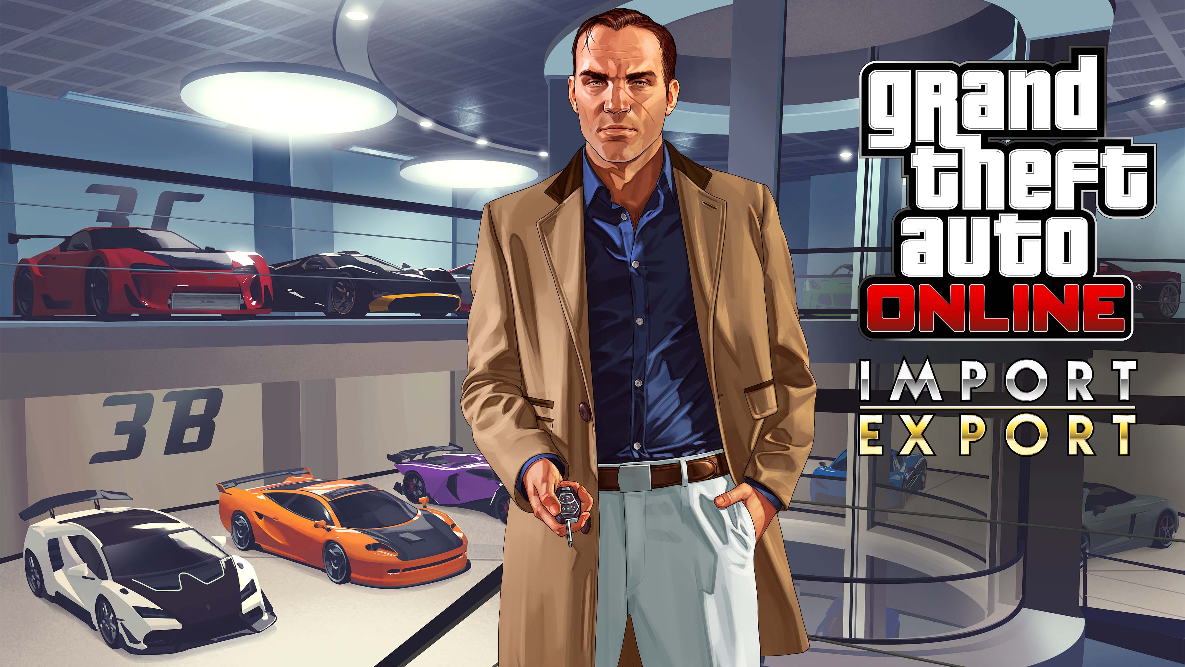 Artwork of a character holding a car key while at a Vehicle Warehouse filled with exotic cars. 