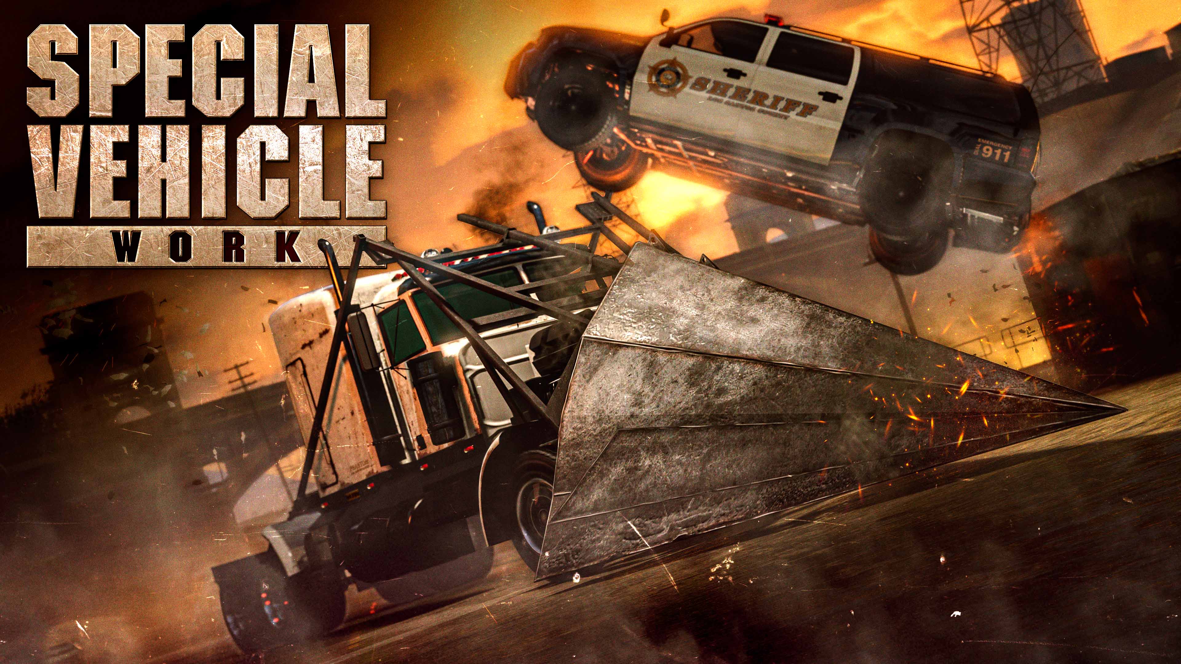 A truck with a modified and pointed armored attachment on the bumper crashes into an oncoming cop car. 