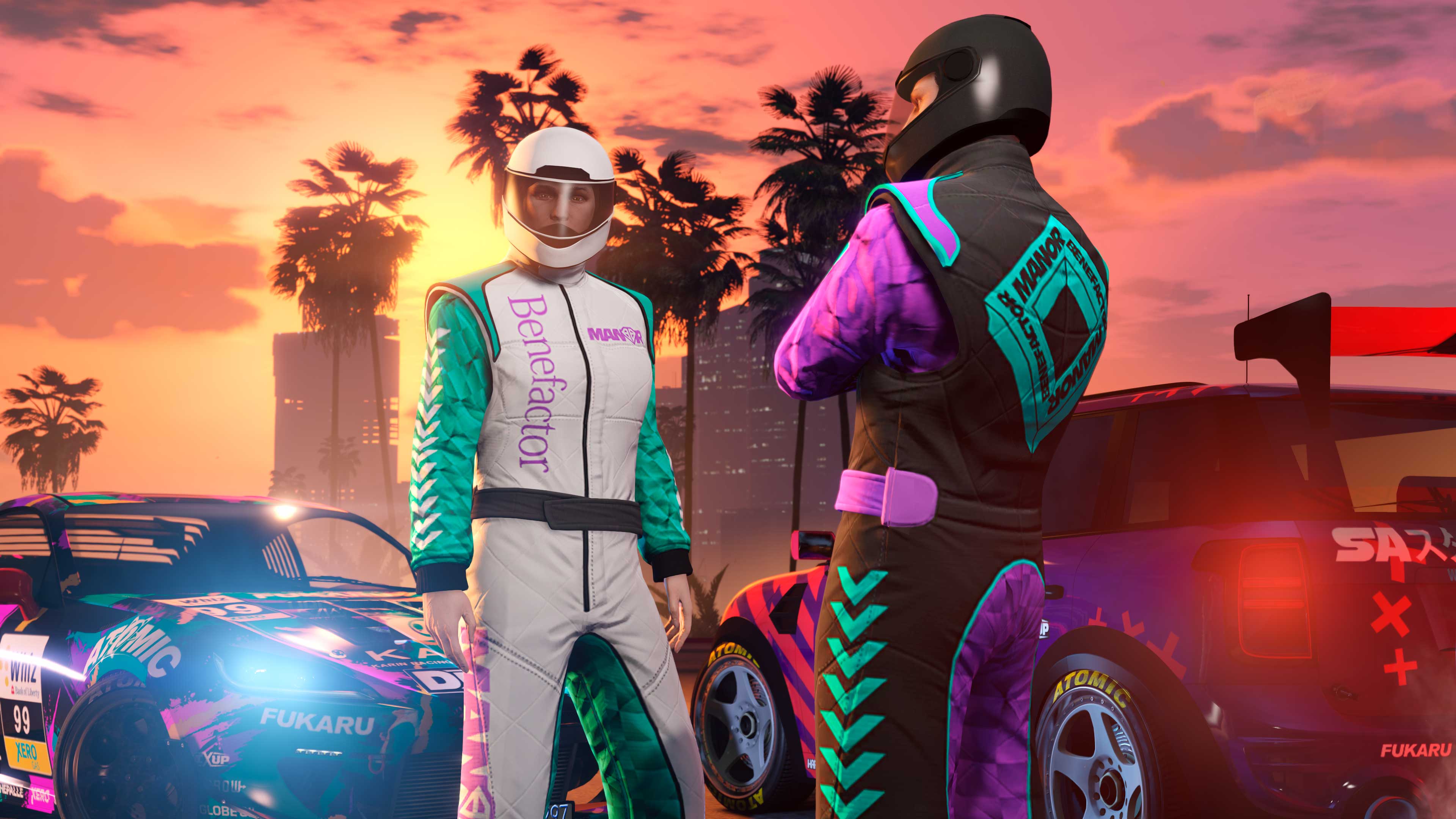 Two GTA Online characters wear the Dark and Bright Manor Racing Suits while standing in front of two vehicles with racing liveries. 