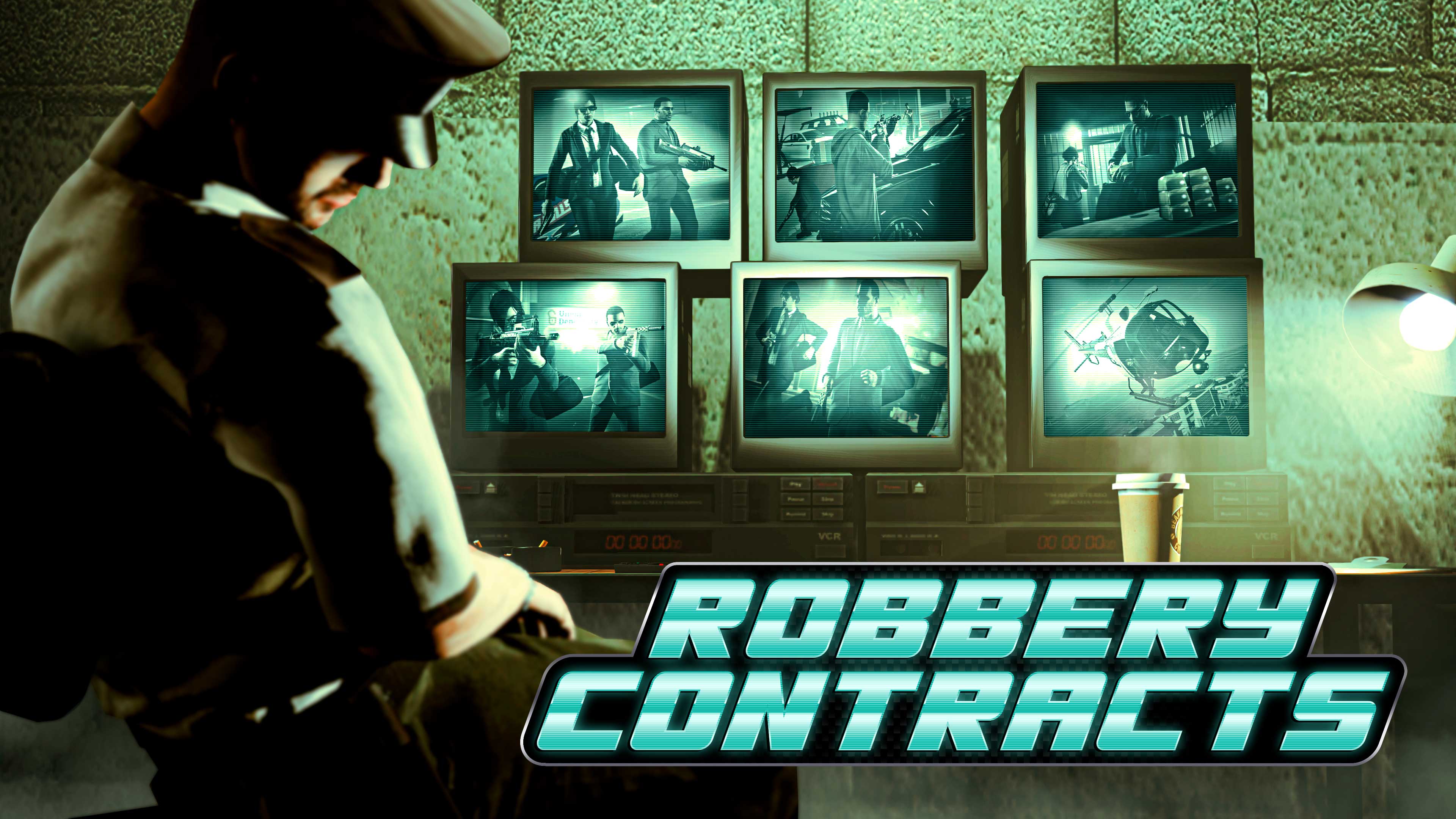 Robbery Contracts event poster of a guard sleeping as armed characters are displayed on CCTV screens. 