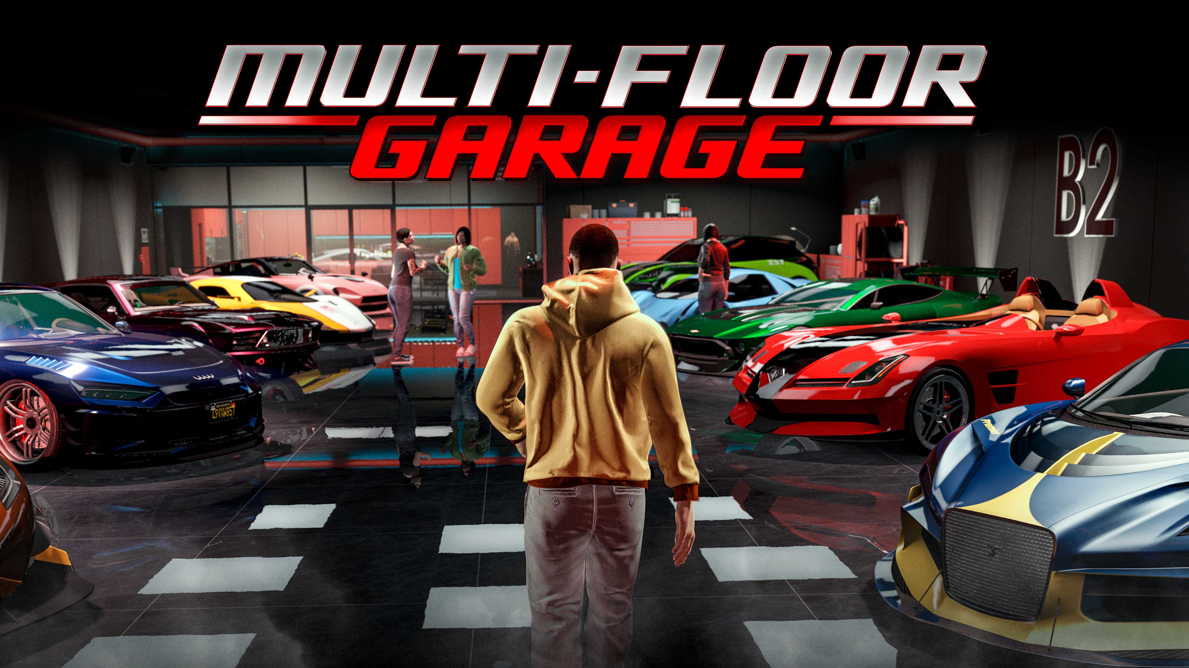 Multi-Floor Garage poster of a GTA Online character walking through a showroom featuring multiple cars.  