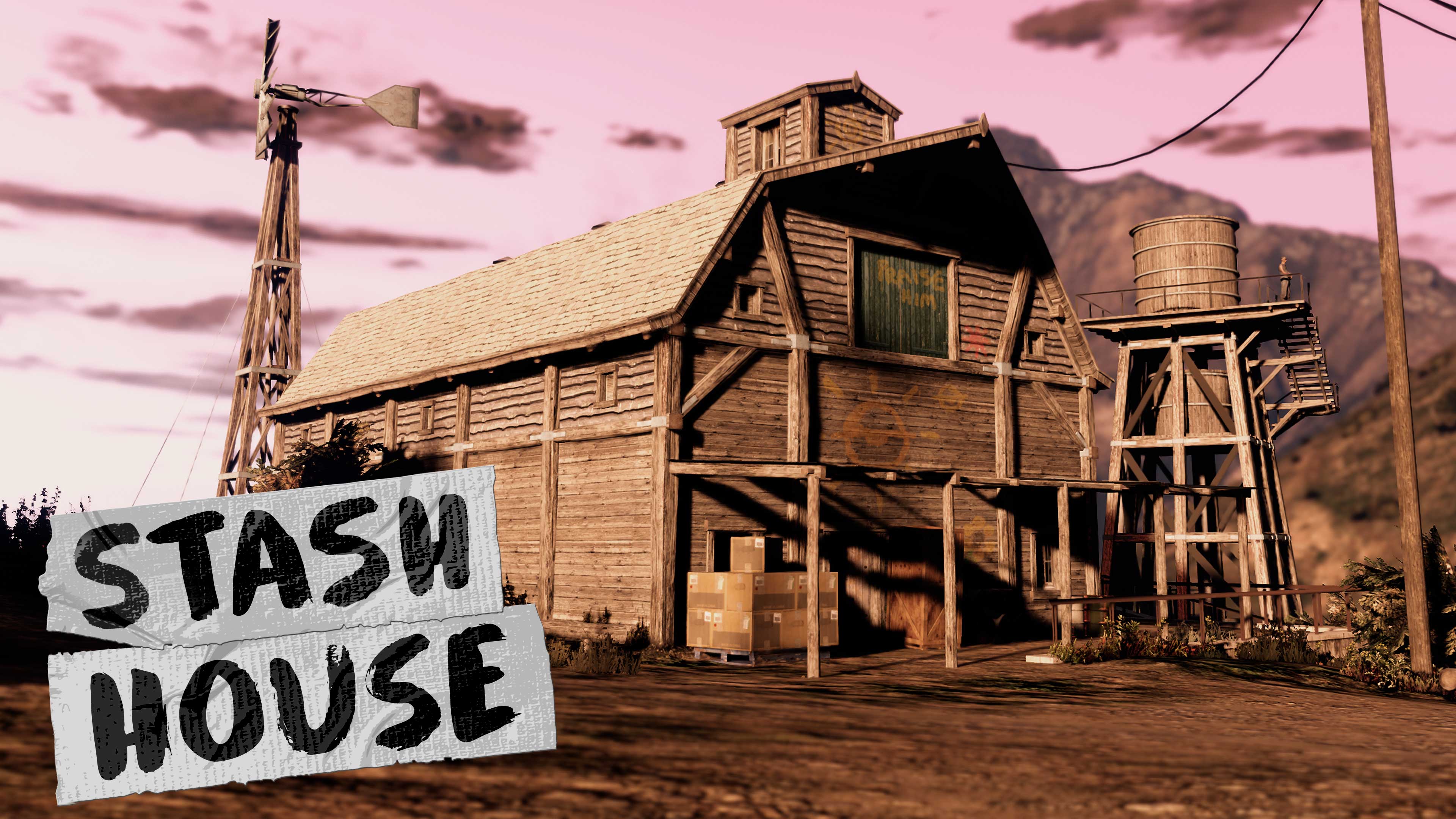 Stash House poster featuring a barn with boxes stacked on a pallet outside.