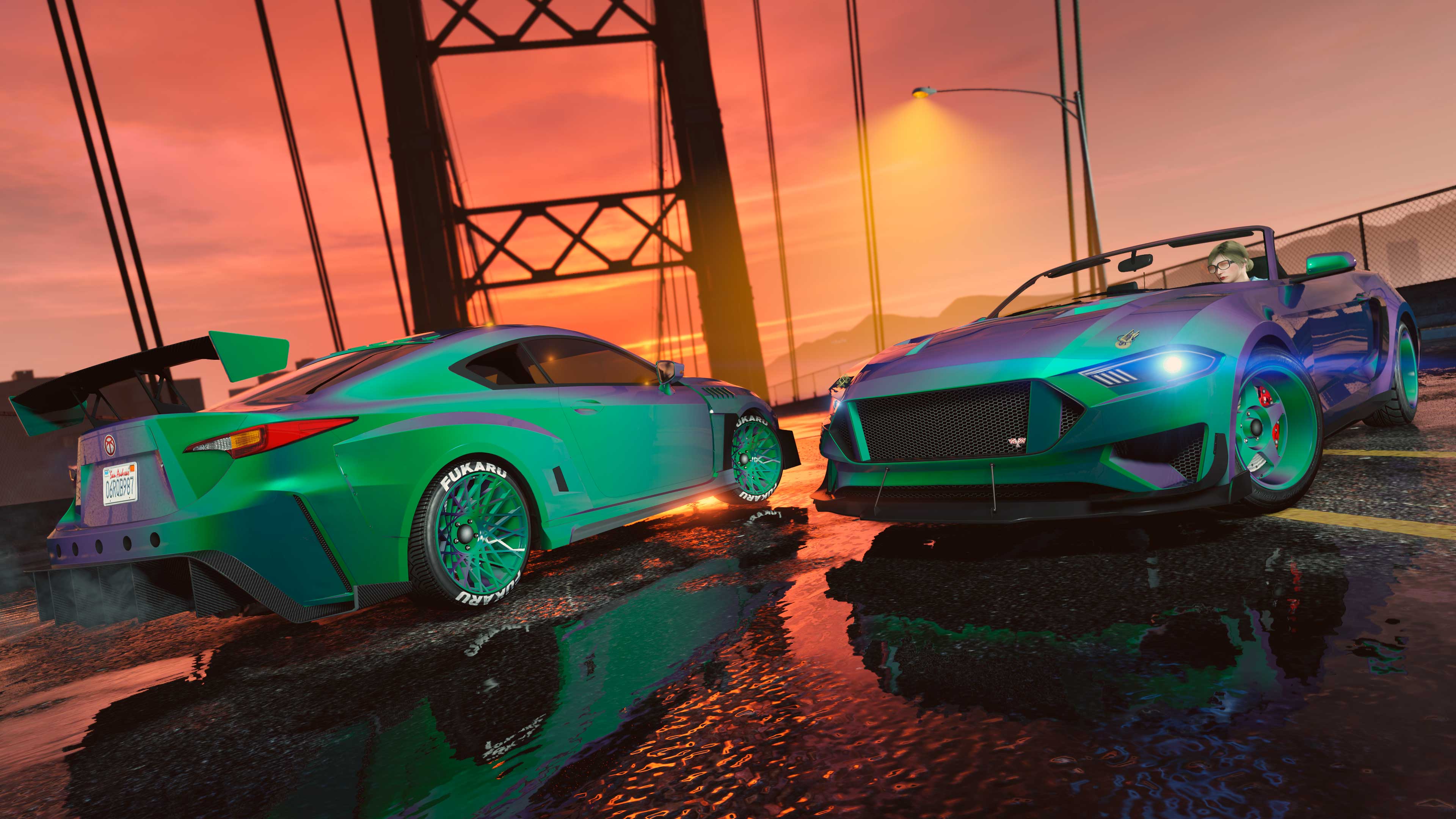 Two cars side by side with the Teal/Purple Flip Chameleon Paint and Wheel Paint. 