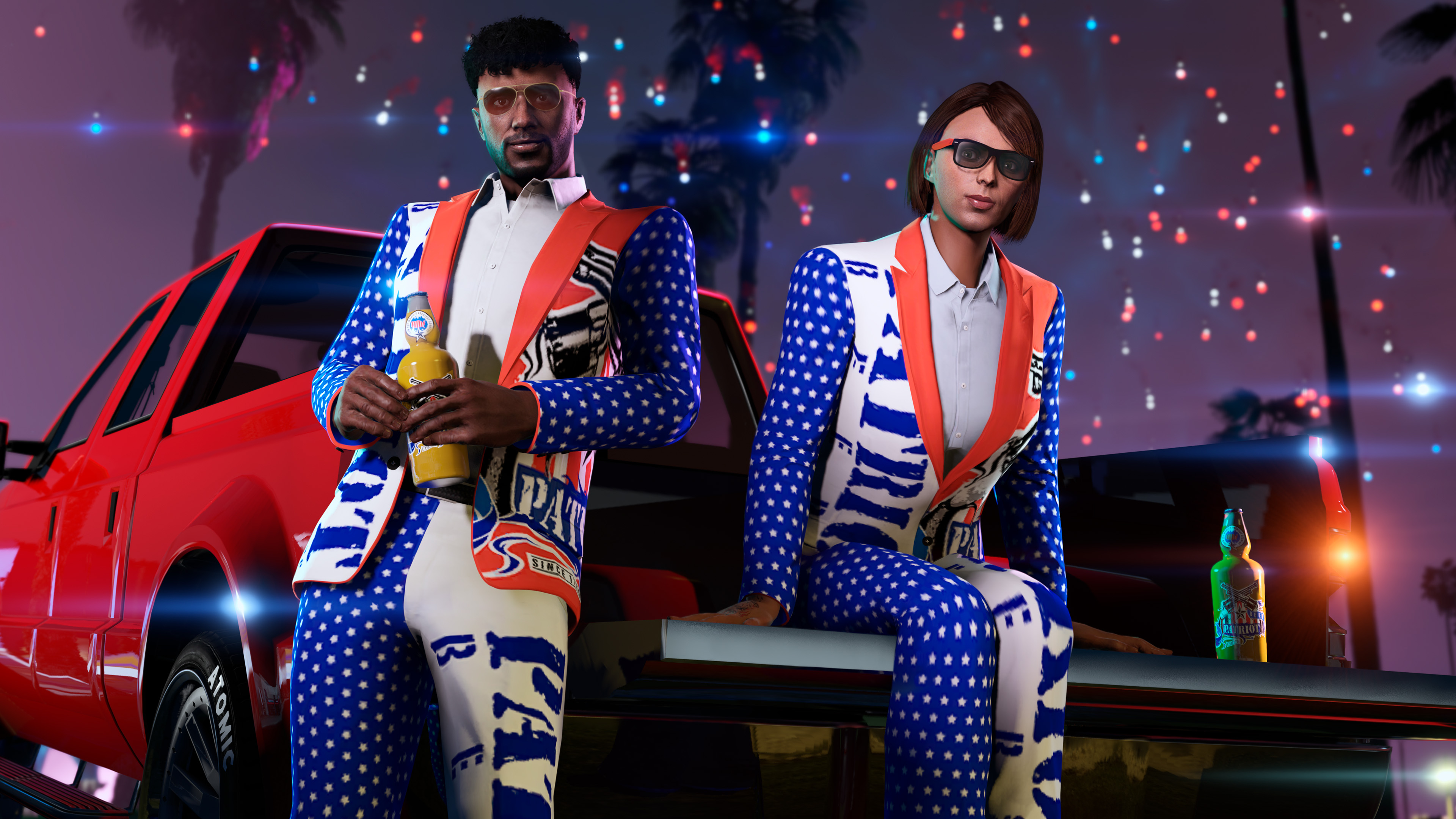 Two GTA Online characters wearing the Independence Day Jacket and Pants as fireworks go off around them. 
