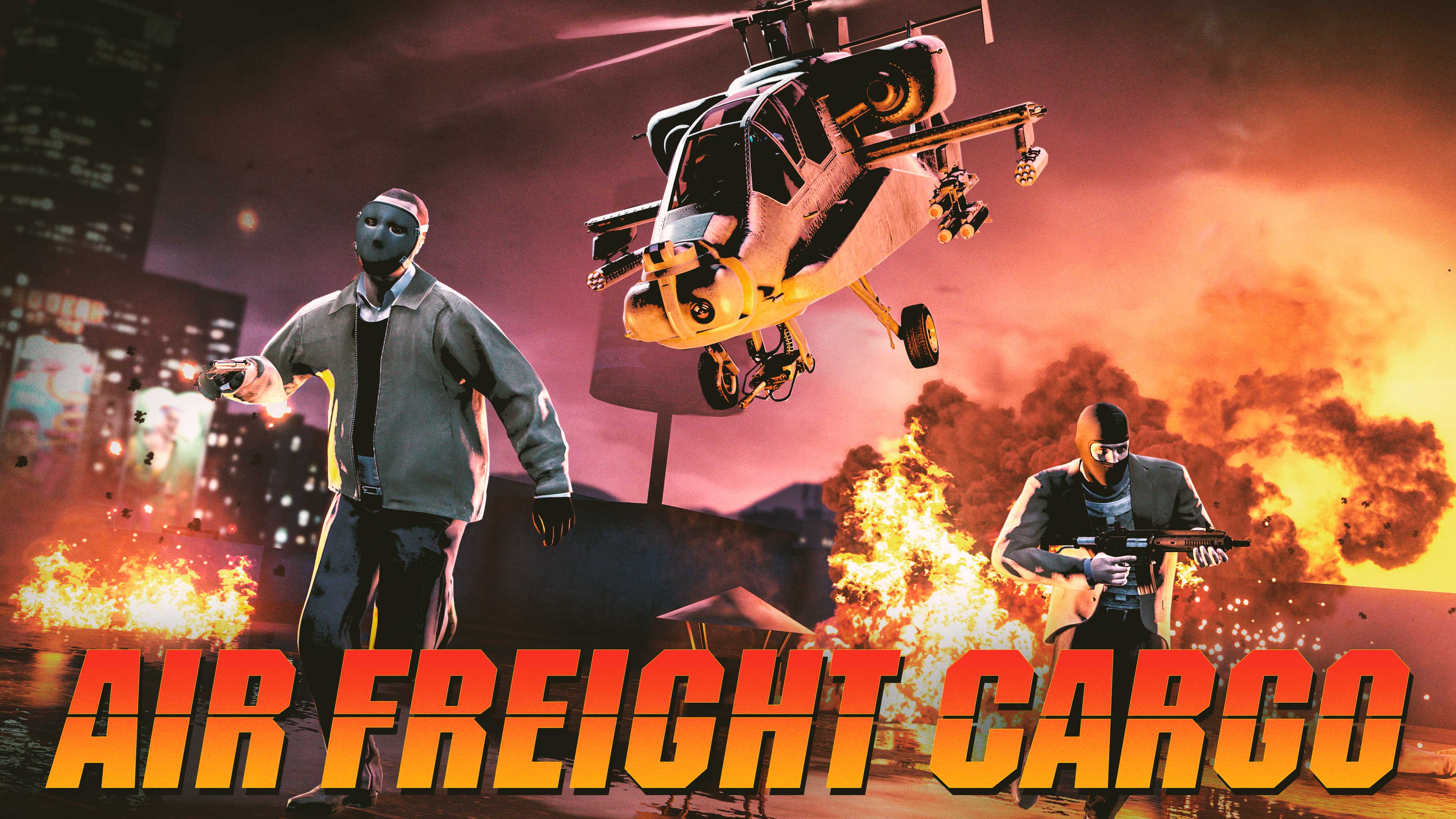 Air Freight Cargo poster with two masked and armed GTA Online characters running from explosions as a weaponized helicopter flies low. 