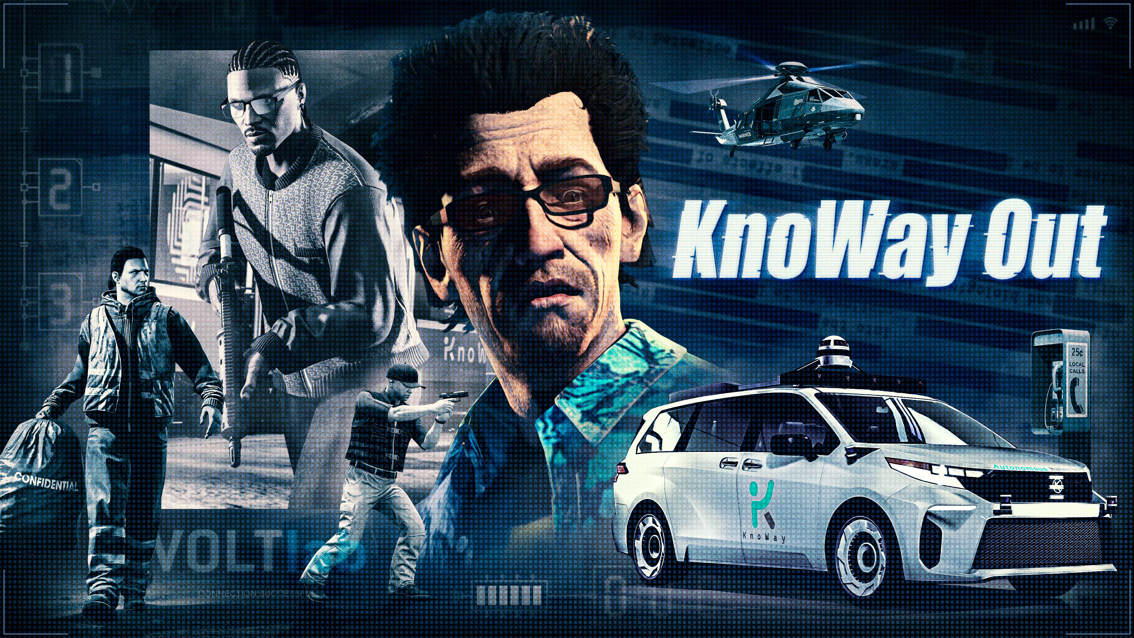 KnoWay Out poster featuring Avi Schwartzman alongside images of a self-driving vehicle and GTA Online characters working jobs. 