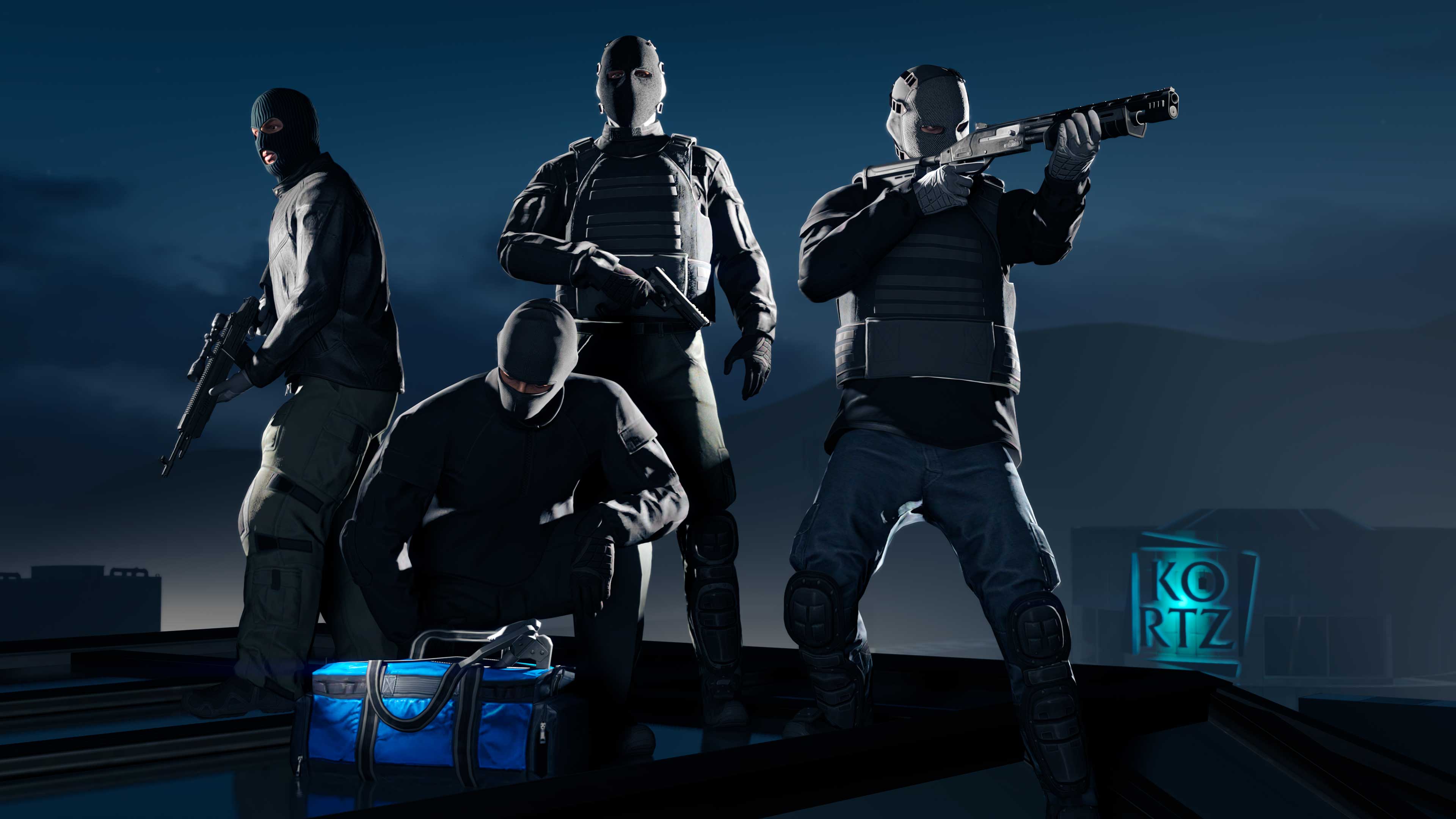 Four GTA Online characters in tactical gear stand on a roof overlooking the Kortz Center sign. 