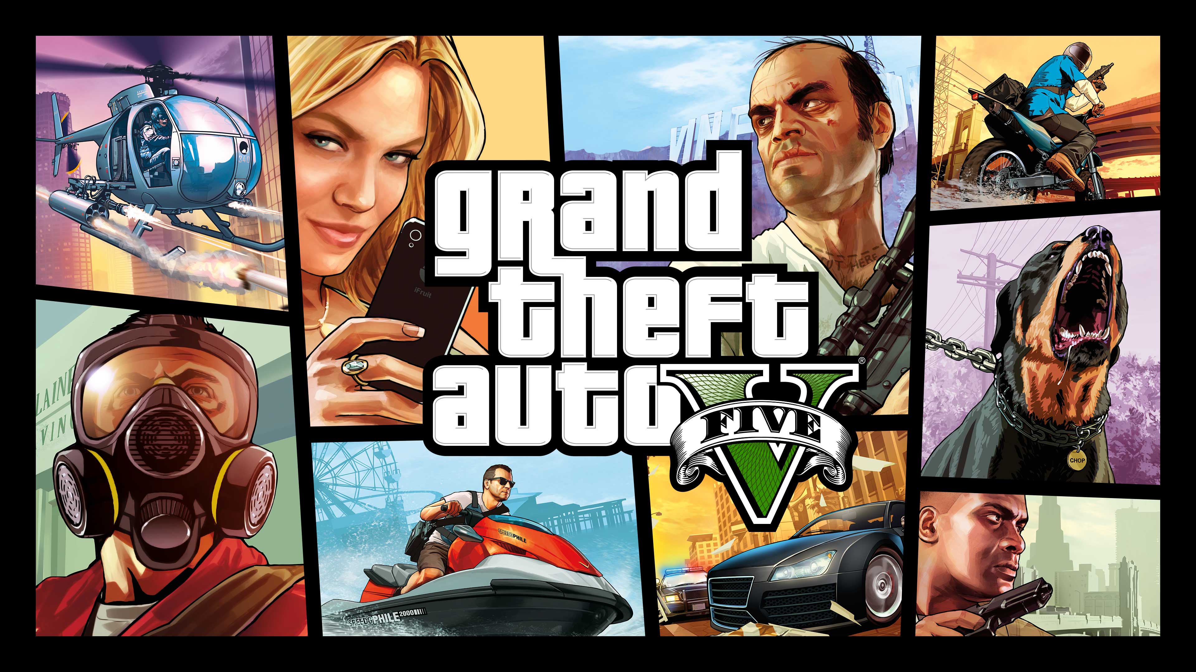 Grand Theft Auto 5 logo over GTA 5 artwork of various tiles with characters and scenes. 